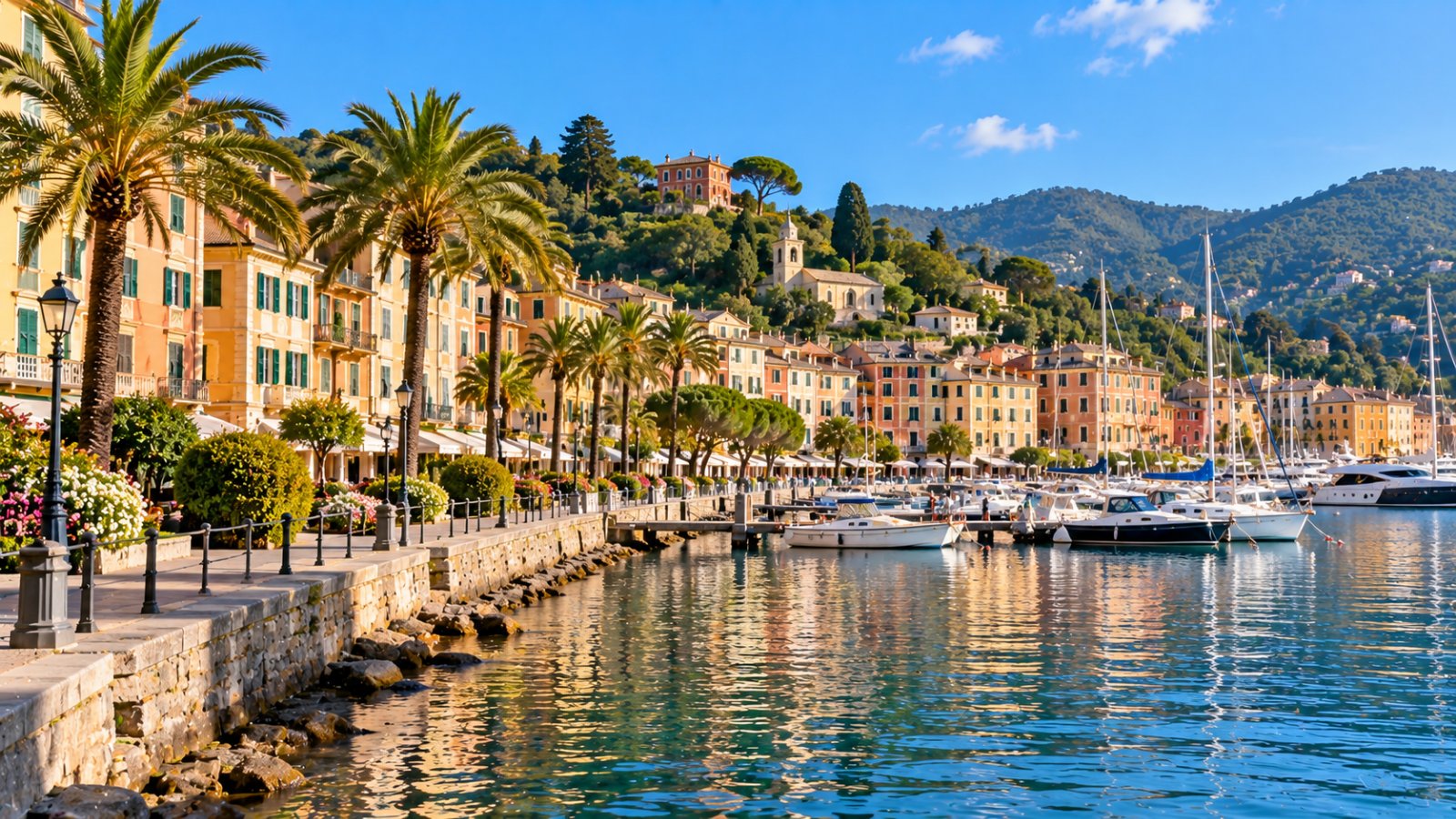 Il lungomare di Santa Margherita Ligure con le palme, le facciate color pastello e il porto turistico nella luce del mattino