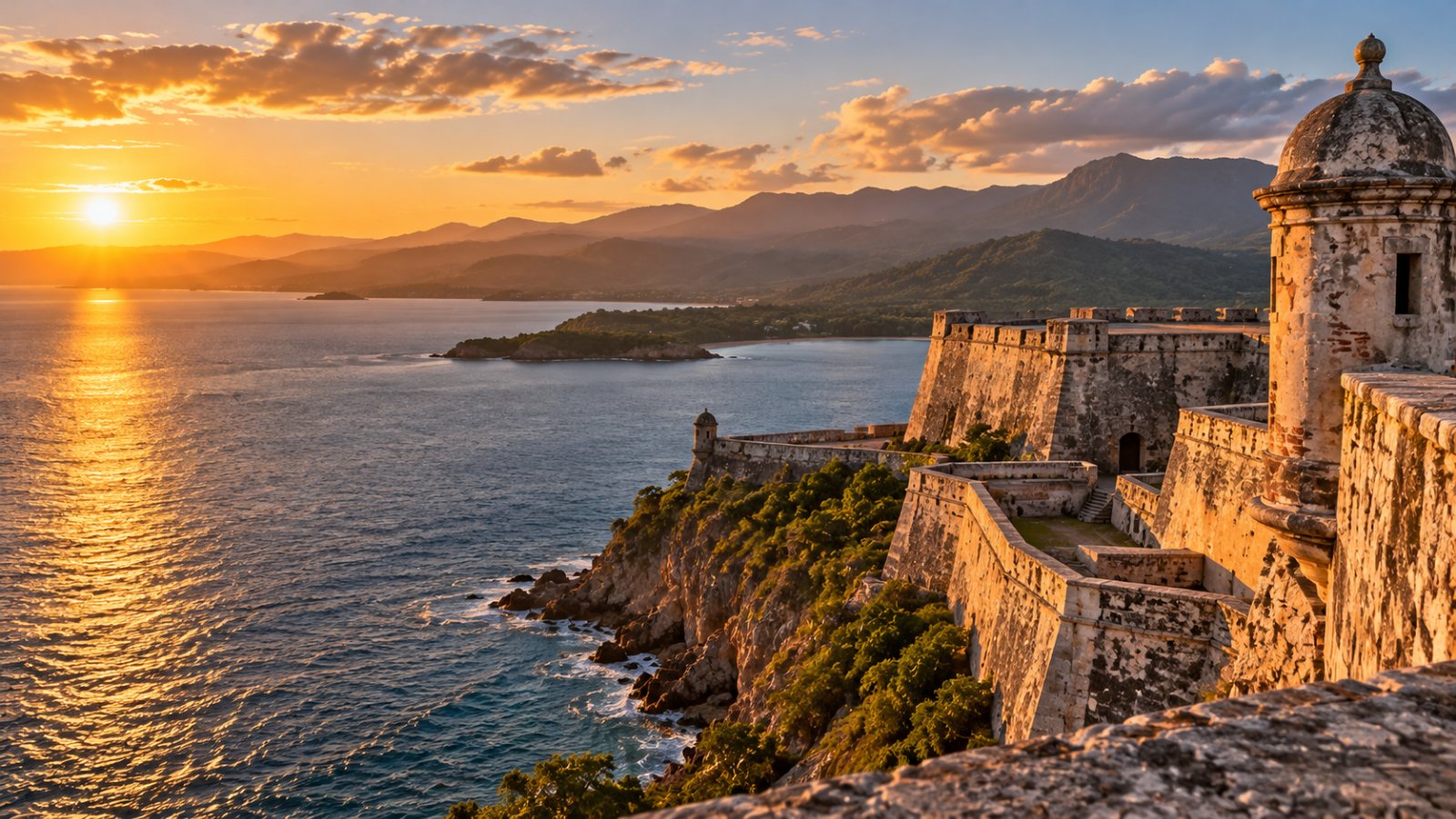 Il Castillo del Morro sulla scogliera all'ingresso della baia di Santiago de Cuba, con il mare e le montagne al tramonto