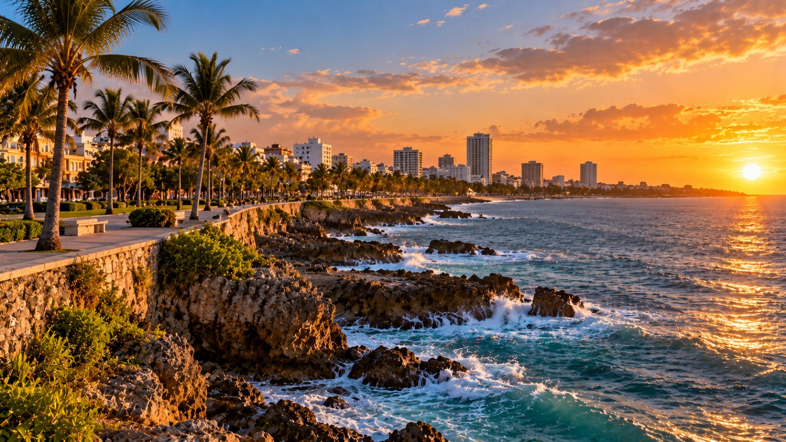 Il Malecón di Santo Domingo al tramonto, con il lungomare sugli scogli del Mar dei Caraibi, le palme e i palazzi della città sullo sfondo