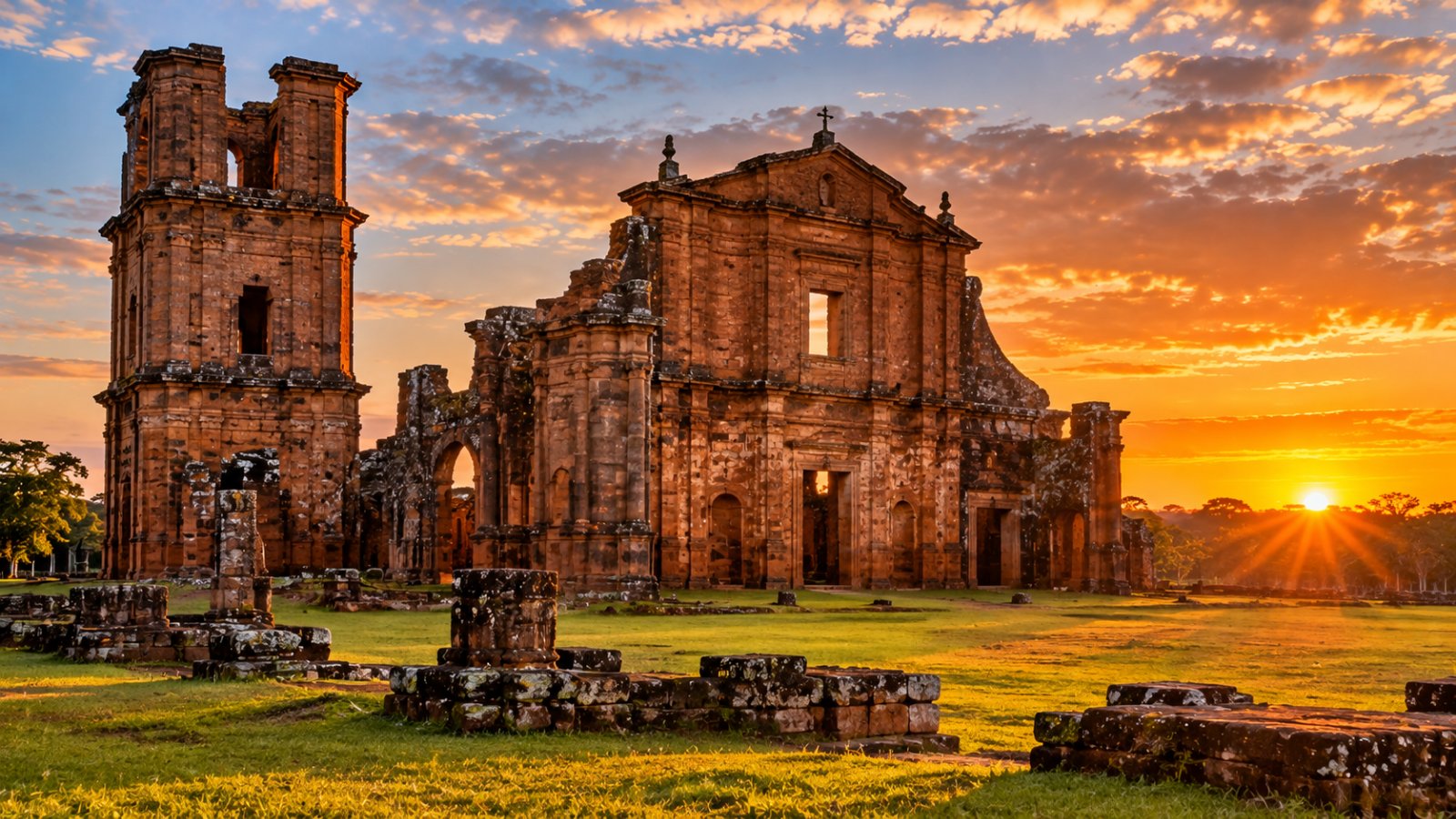 Le rovine in pietra rossa della chiesa della missione gesuita di São Miguel das Missões, con la facciata e il campanile su un prato verde al tramonto