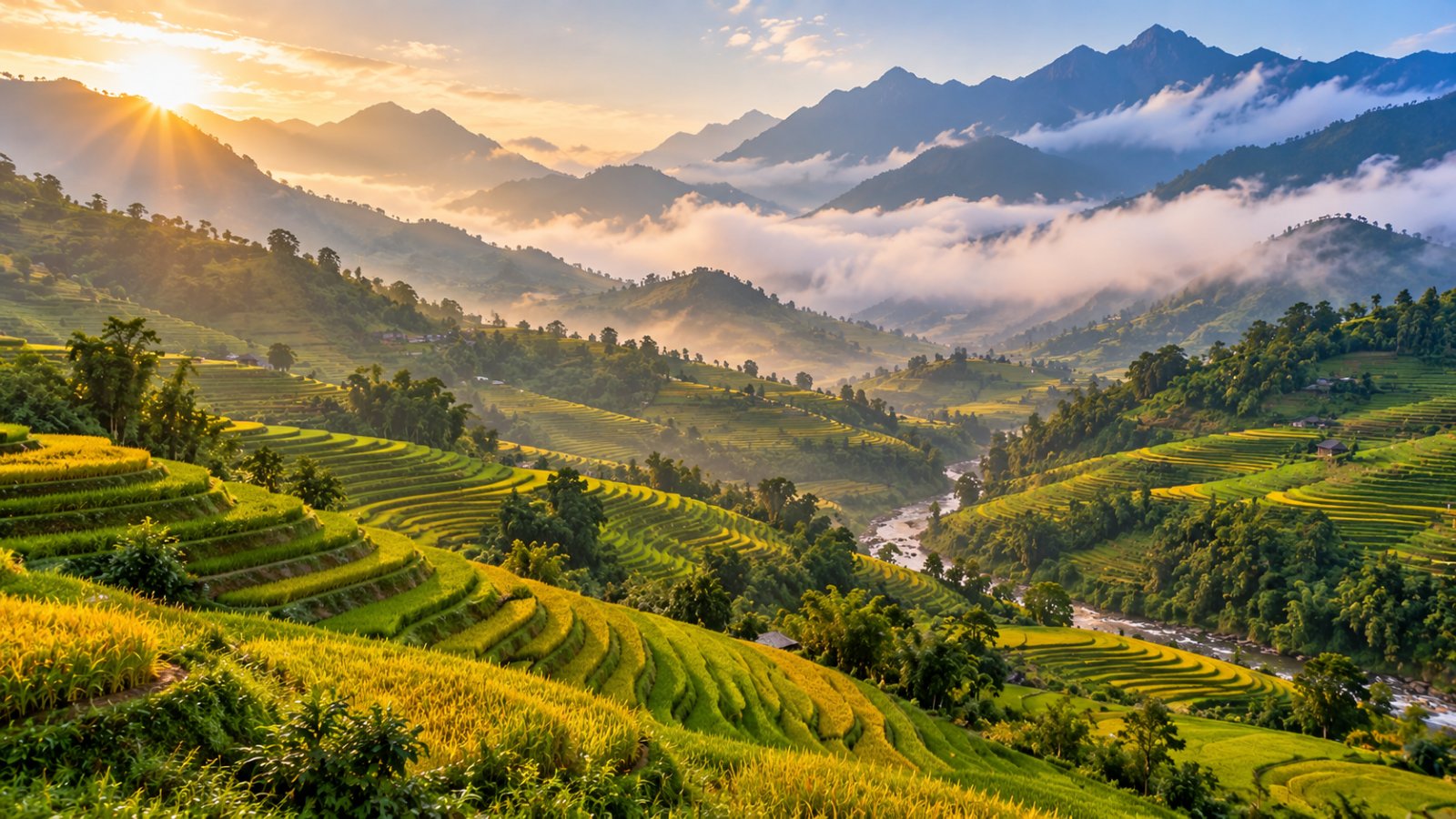 Risaie a terrazze nella valle di Muong Hoa vicino a Sapa, con le montagne del Hoang Lien Son avvolte dalla nebbia