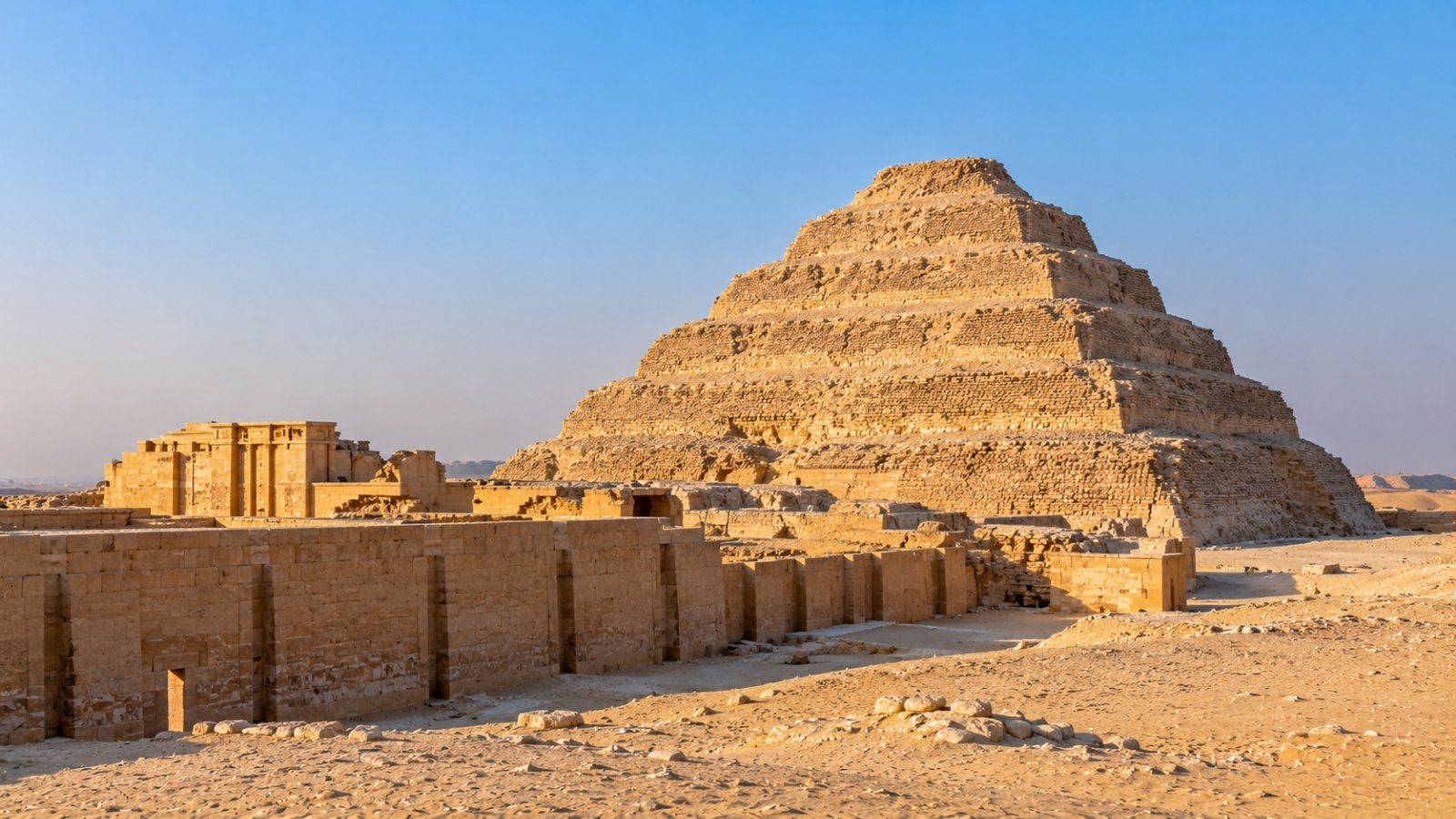 La piramide a gradoni di Djoser a Saqqara, con i sei gradoni di pietra calcarea dorata dal sole del mattino, il recinto del complesso funerario in primo piano e il deserto intorno