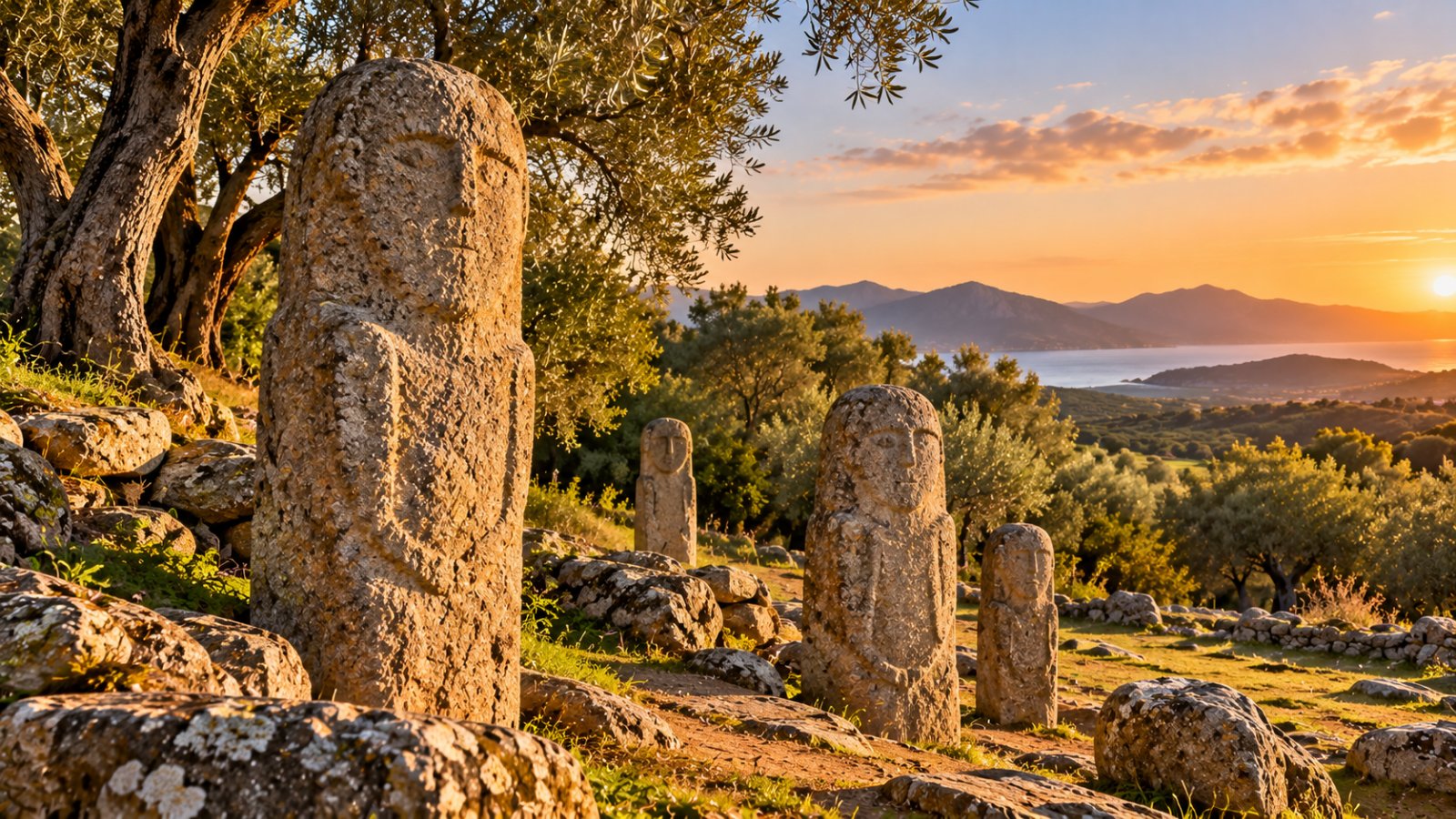 Le statue-menhir di Filitosa, figure di pietra con volti scolpiti in un prato tra gli ulivi, nella luce calda del tardo pomeriggio