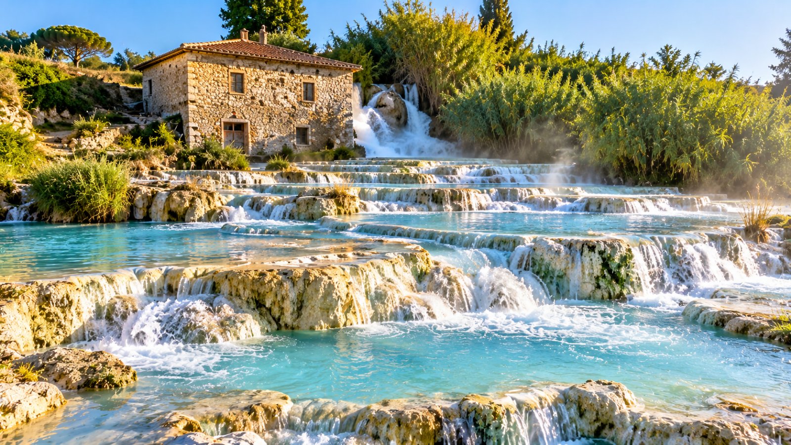 Le cascate del Mulino a Saturnia con le vasche naturali di acqua termale azzurra e il vecchio mulino nella luce del mattino