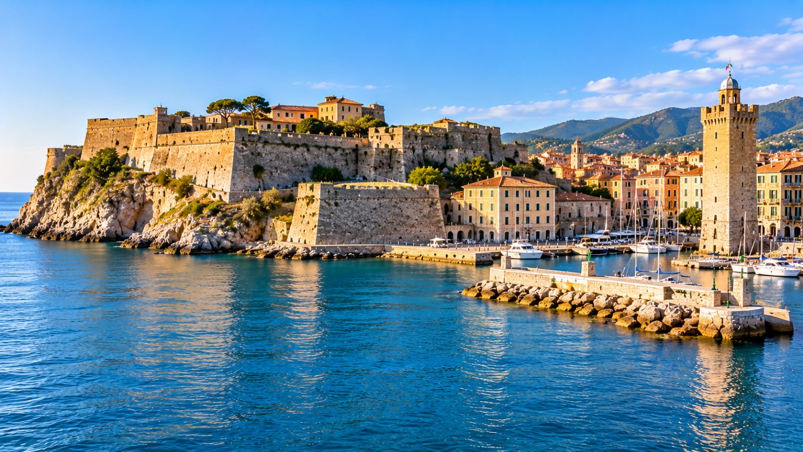 La fortezza del Priamàr di Savona affacciata sul mare, con il porto e la torre Leon Pancaldo nella luce del pomeriggio