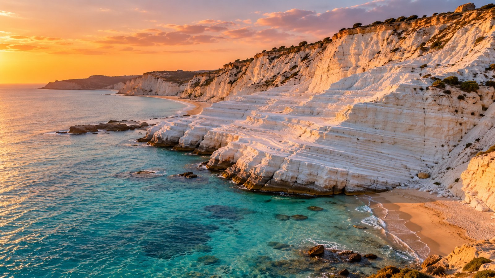 La scogliera bianca a gradoni della Scala dei Turchi sul mare turchese al tramonto