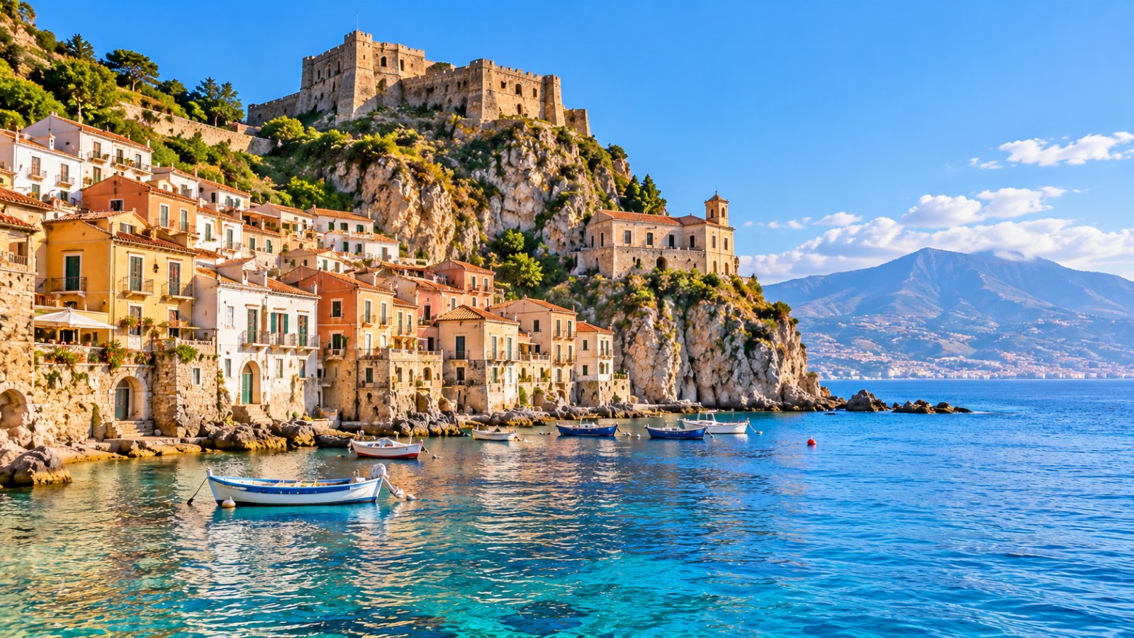 Scilla vista dal mare, con il castello sul promontorio, il borgo di Chianalea con le case sull'acqua e lo Stretto di Messina sullo sfondo