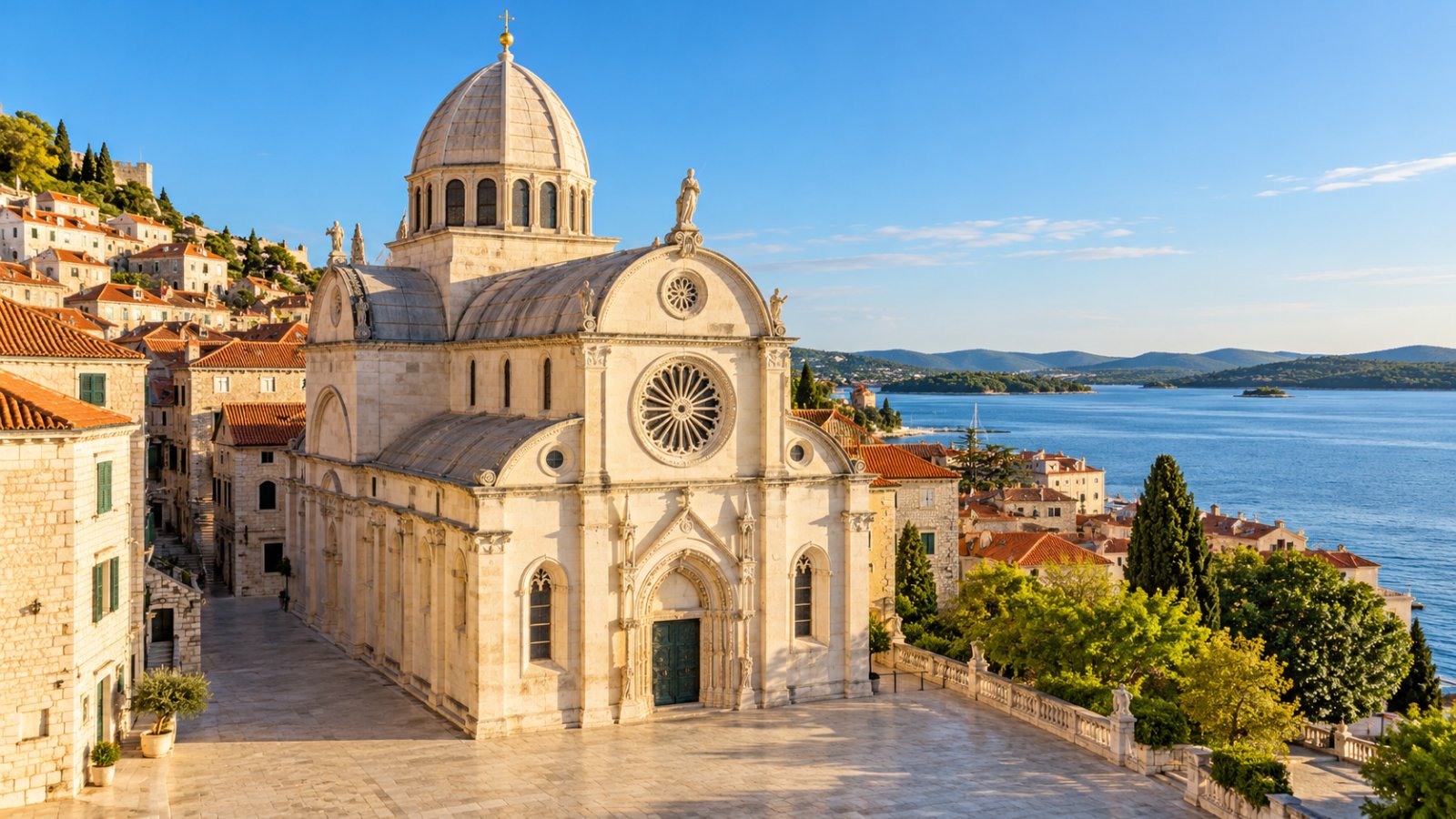 La cattedrale di San Giacomo a Sebenico, in pietra bianca con la cupola e il rosone, sulla piazza lastricata vicino al mare