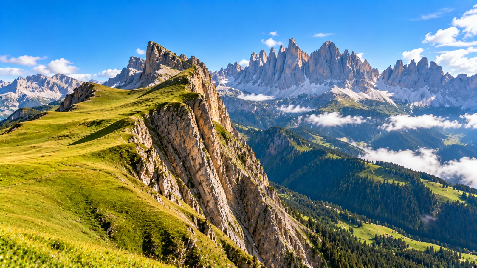 La cresta erbosa del Seceda che precipita con pareti a strapiombo, con le guglie appuntite delle Odle illuminate dal sole e i prati verdi in pendenza