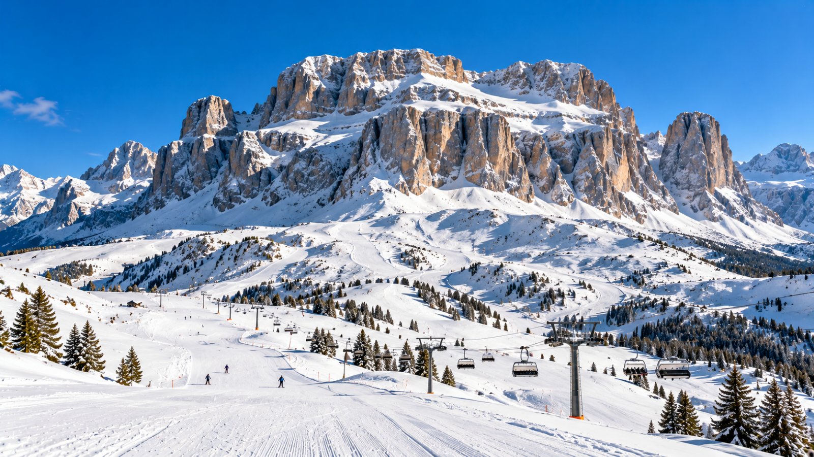 Il massiccio del Sella innevato con le sue pareti a gradoni, piste da sci e impianti di risalita ai piedi della montagna in una giornata di sole
