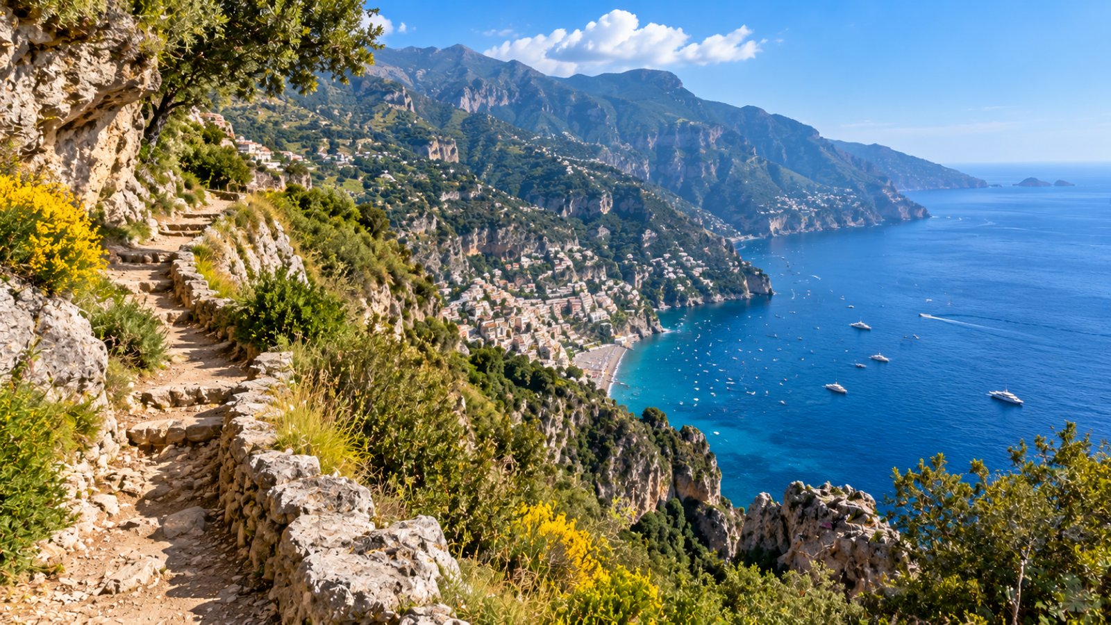 Il Sentiero degli Dei, un sentiero di montagna tra rocce e macchia mediterranea a picco sulla Costiera Amalfitana e sul mare blu