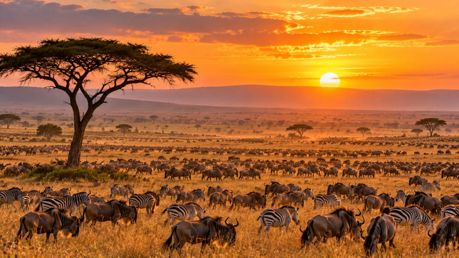 Gnu e zebre nella savana dorata del Serengeti al tramonto, con un'acacia a ombrello