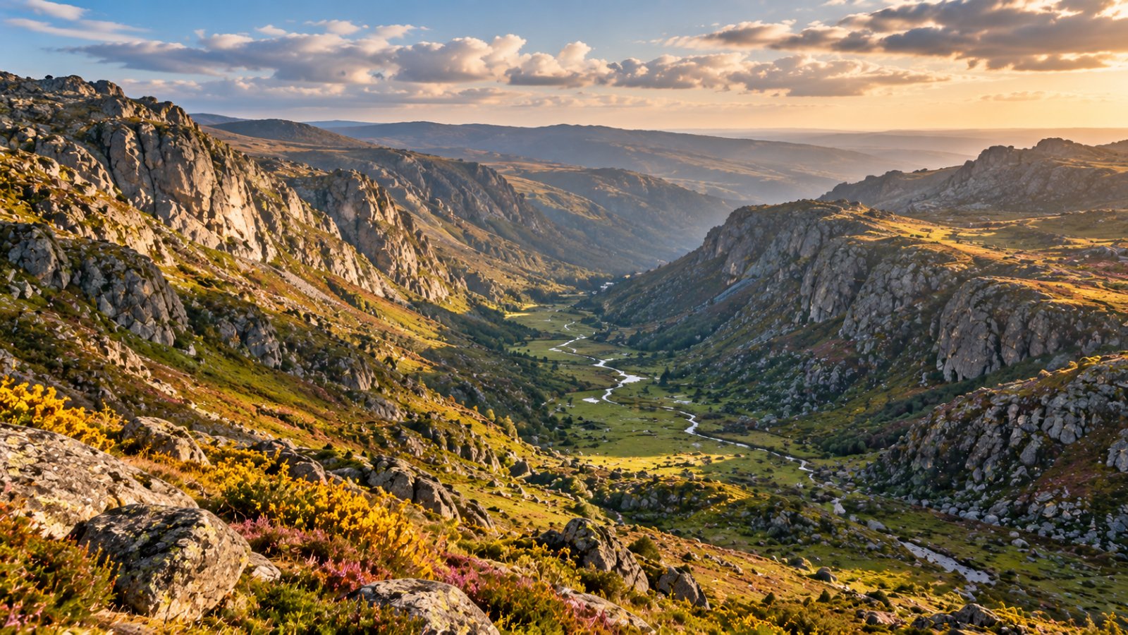 Una valle glaciale a forma di U con versanti di granito e prati verdi sul fondo, attraversata da un torrente, sotto un cielo con nuvole sparse nella luce del tardo pomeriggio