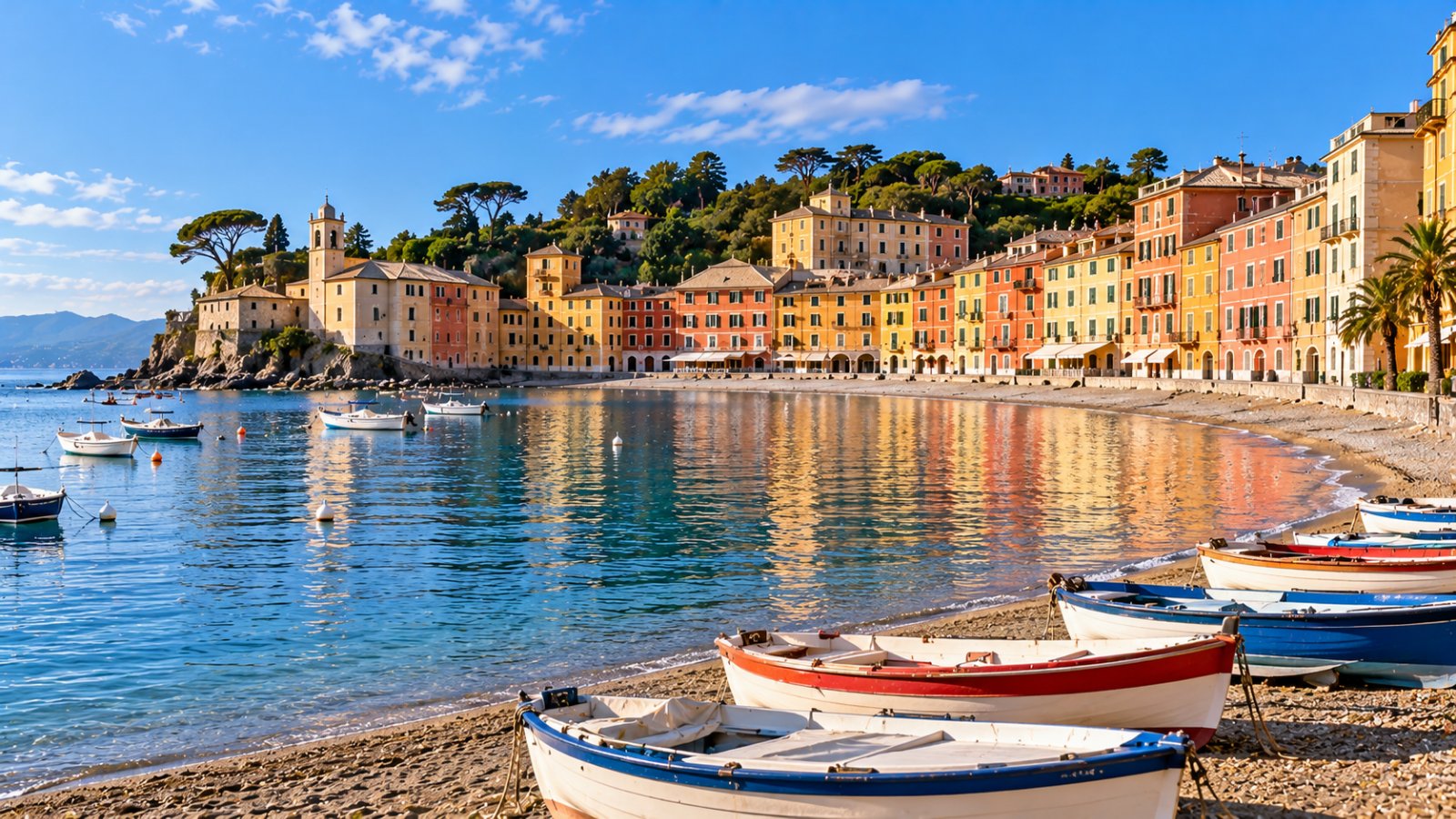La Baia del Silenzio di Sestri Levante con le case colorate sulla spiaggia e le barche tirate a riva al mattino