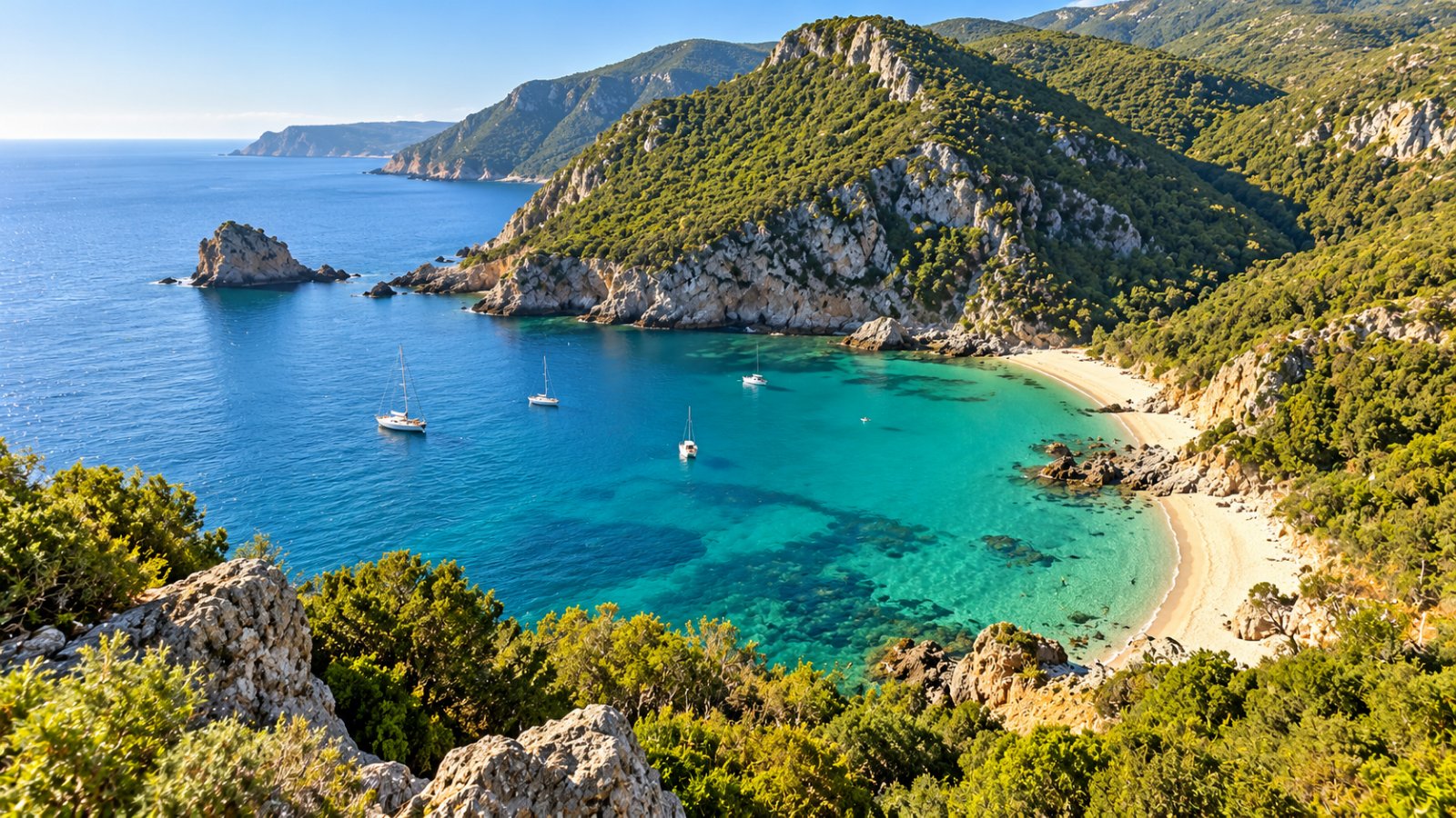 Una baia di acqua turchese ai piedi di colline ripide coperte di macchia verde, con una spiaggia di sabbia chiara e qualche barca all'ancora nella luce del mattino