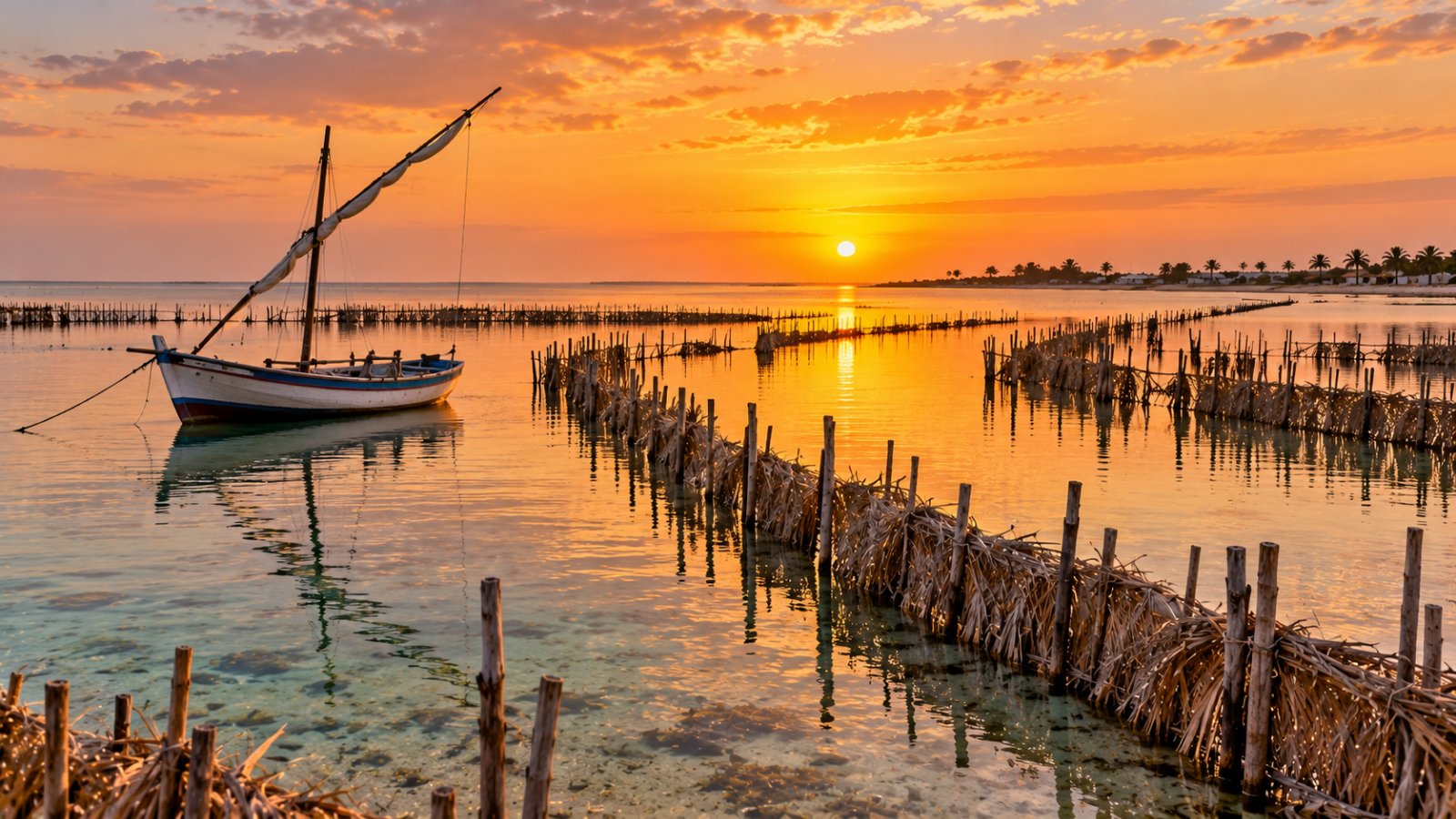 Le palizzate di foglie di palma della pesca con la charfia nel mare basso e calmo delle isole Kerkennah, con una barca a vela tradizionale e la luce del tramonto