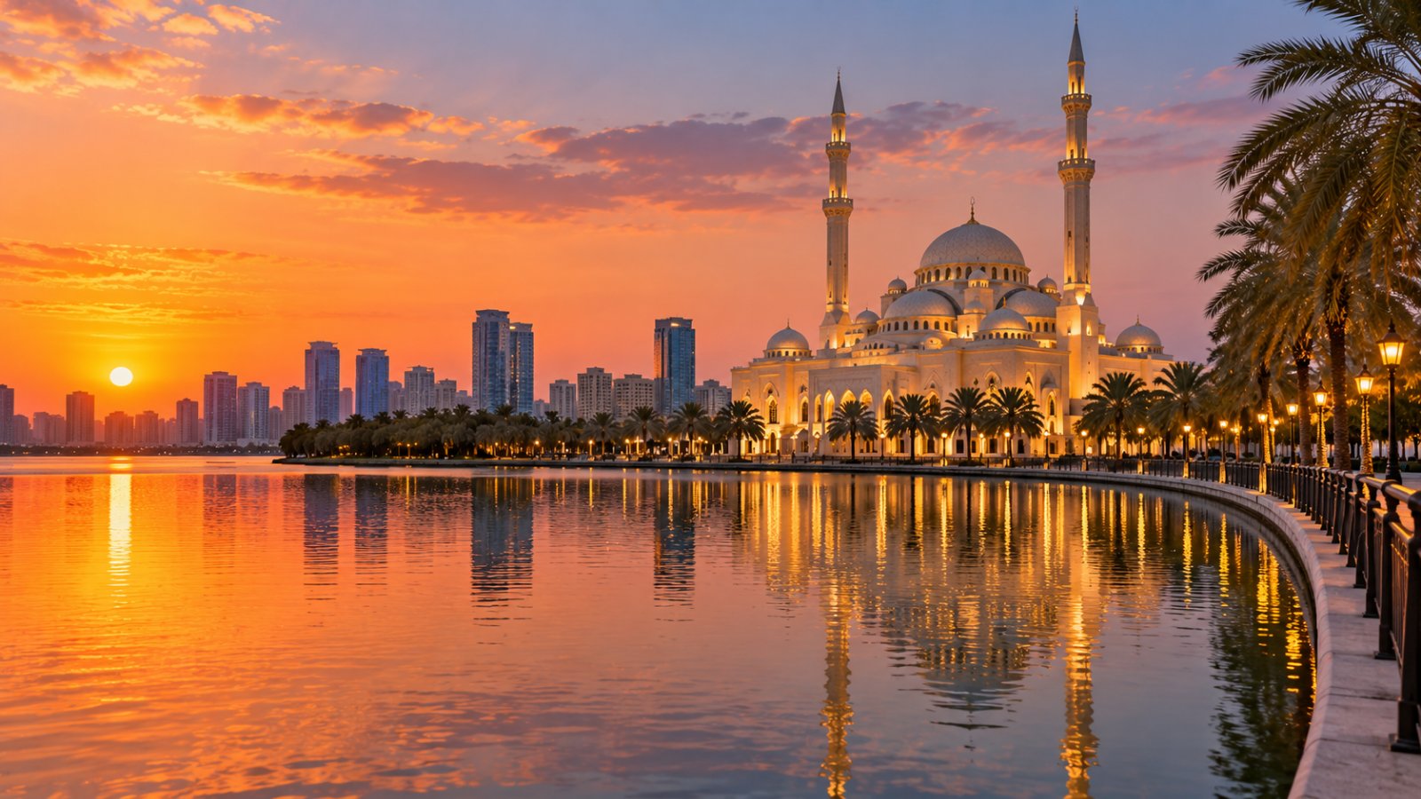 Il lungomare della laguna di Khalid a Sharjah al tramonto, con le cupole e i minareti chiari di una grande moschea che si riflettono nell'acqua calma