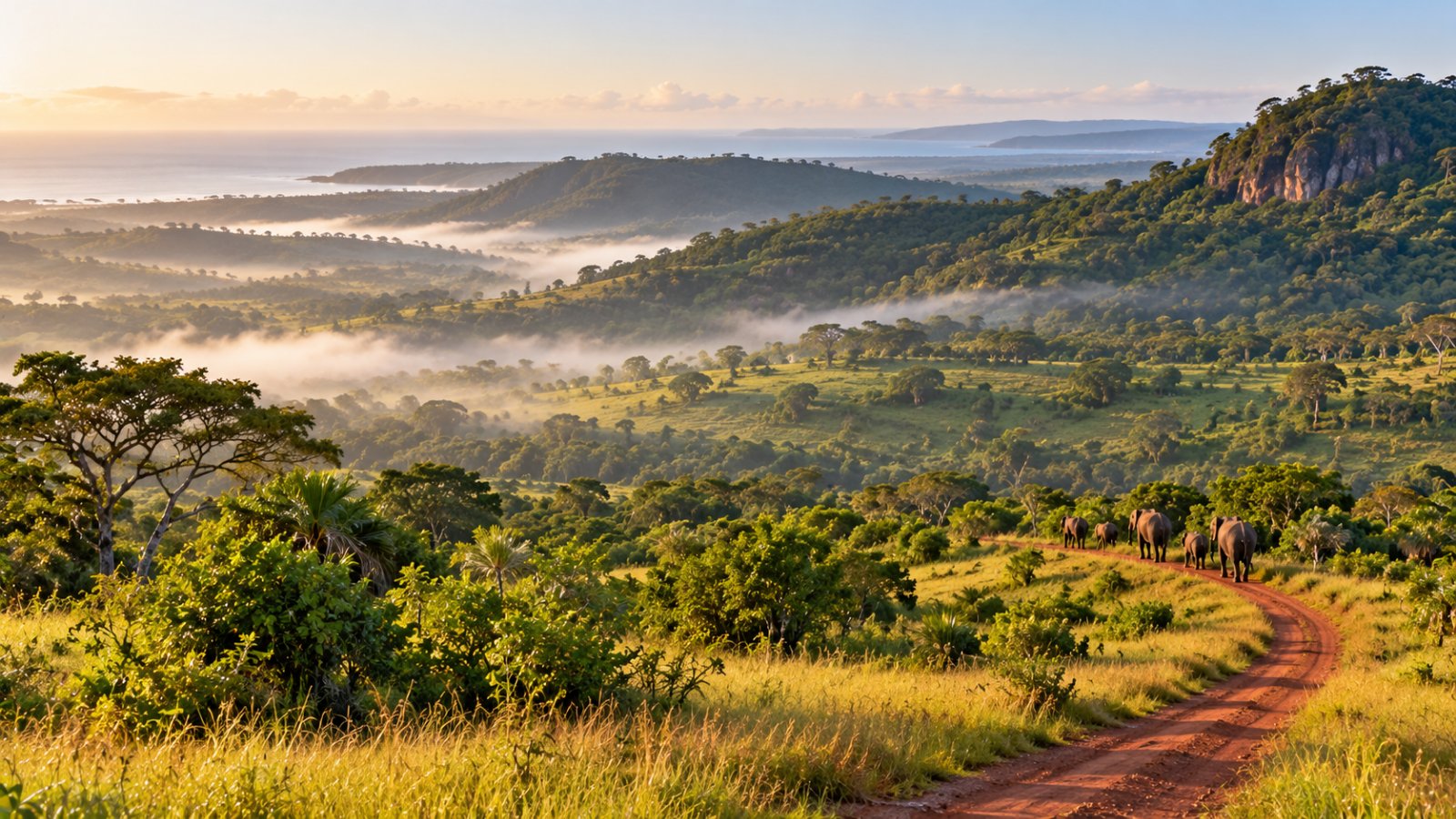 Le colline verdi delle Shimba Hills nella foschia del mattino, con praterie ondulate, macchie di foresta costiera e alcuni elefanti in lontananza