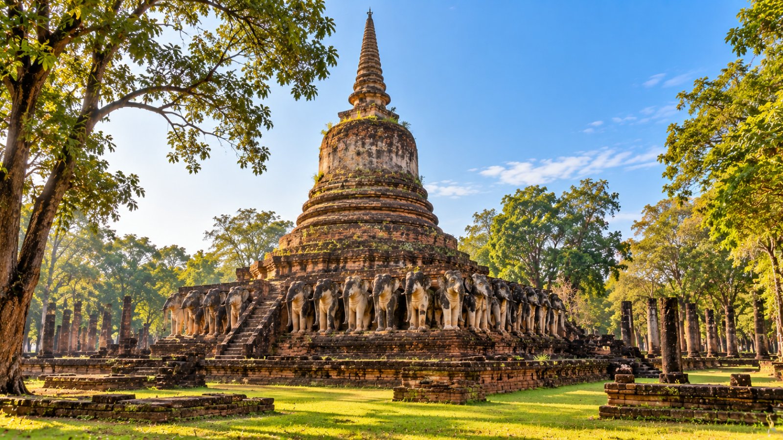 Un grande chedi a campana tra le rovine e gli alberi del parco storico di Si Satchanalai