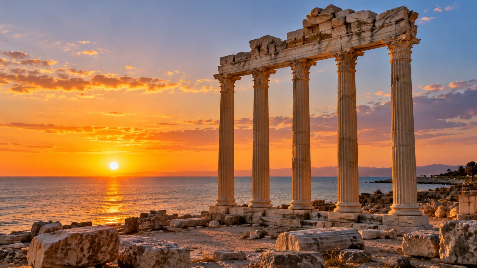 Le colonne corinzie del Tempio di Apollo a Side, in riva al mare, nella luce calda del tramonto