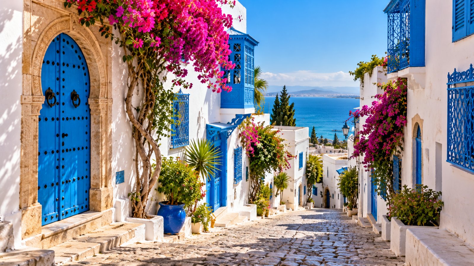 Un vicolo acciottolato di Sidi Bou Said con case bianche, porte e persiane azzurre e bouganville fucsia, con uno scorcio del golfo di Tunisi sullo sfondo