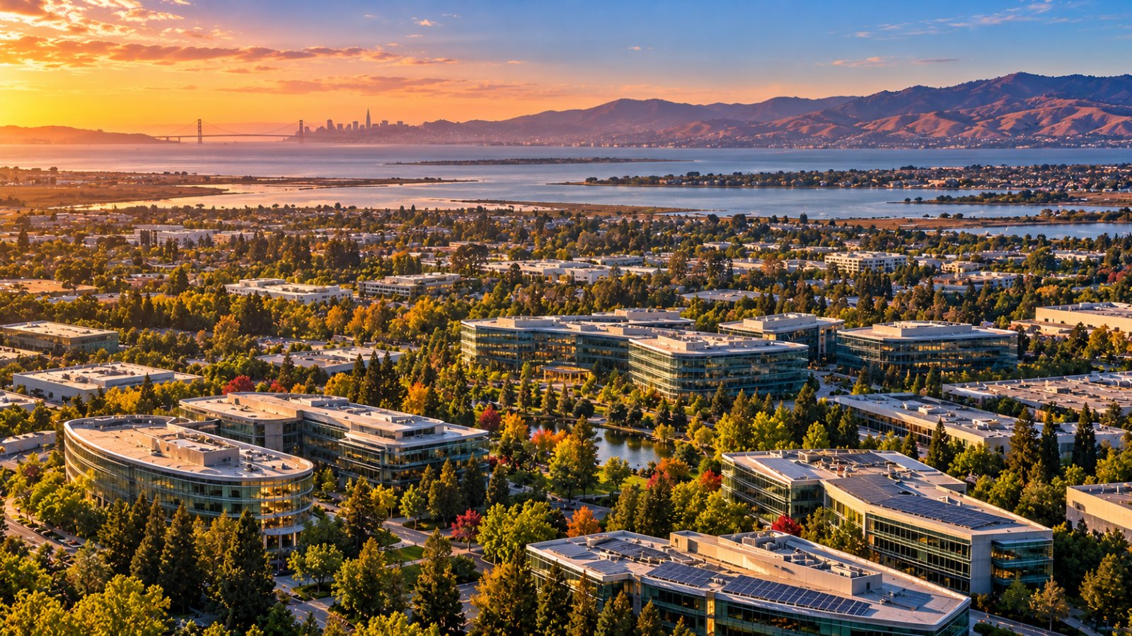Vista aerea della Silicon Valley con moderni edifici di vetro tra il verde, la baia di San Francisco e le colline sullo sfondo