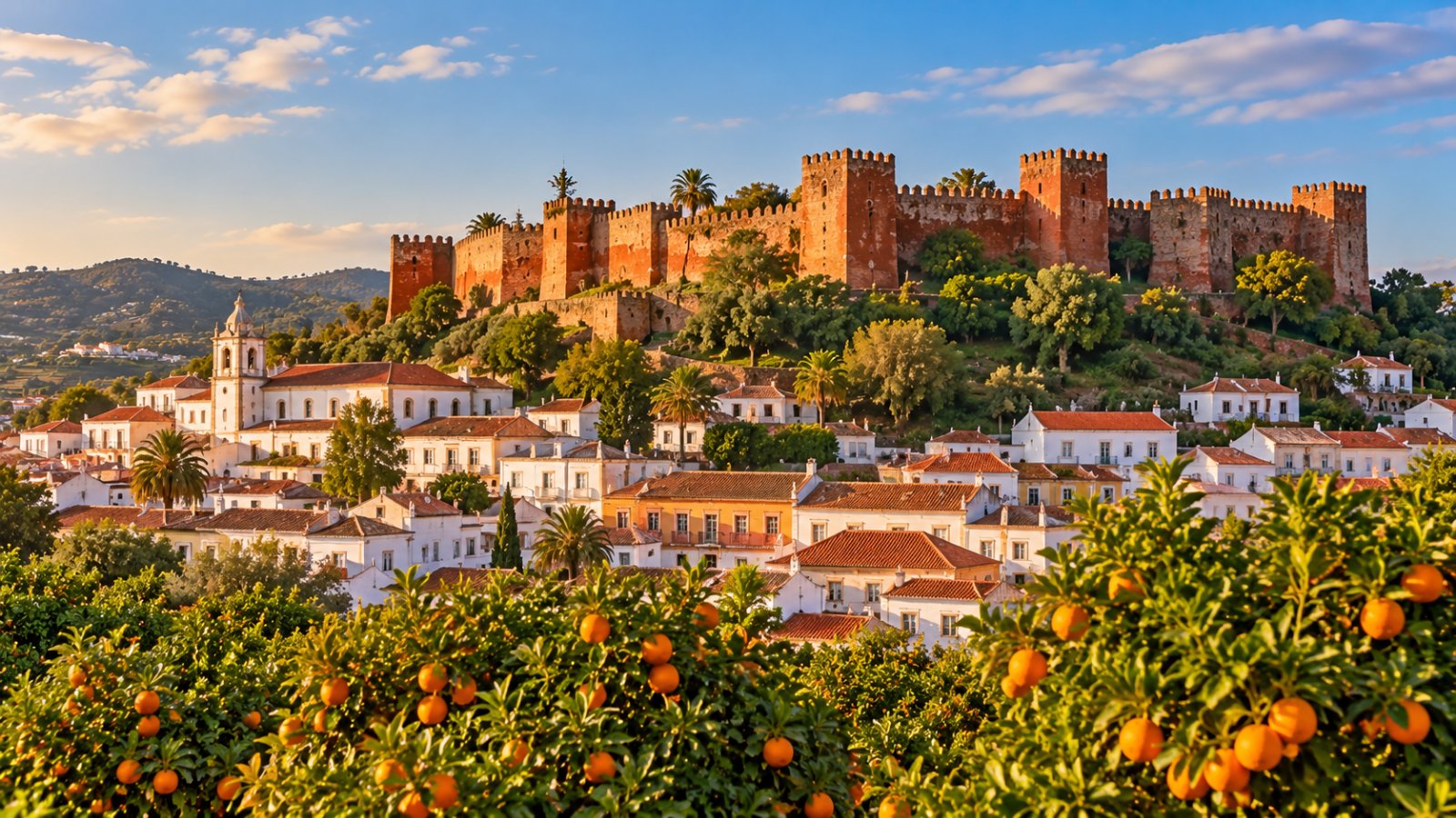 Le mura merlate in pietra rossa del castello di Silves sulla collina, sopra i tetti bianchi della città e gli aranceti, nella luce calda del tardo pomeriggio