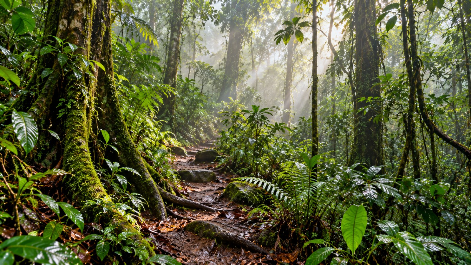 Un sentiero di terra che attraversa la foresta pluviale di Sinharaja tra alberi altissimi, liane e felci, con la nebbia del mattino che filtra tra le chiome
