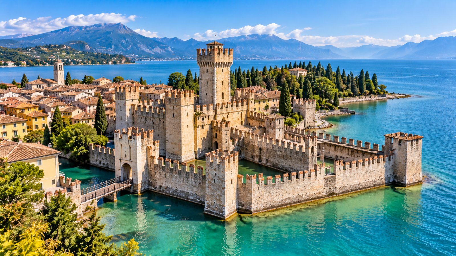 Un borgo con un castello medievale circondato dall'acqua turchese del lago, con merli e un ponte levatoio