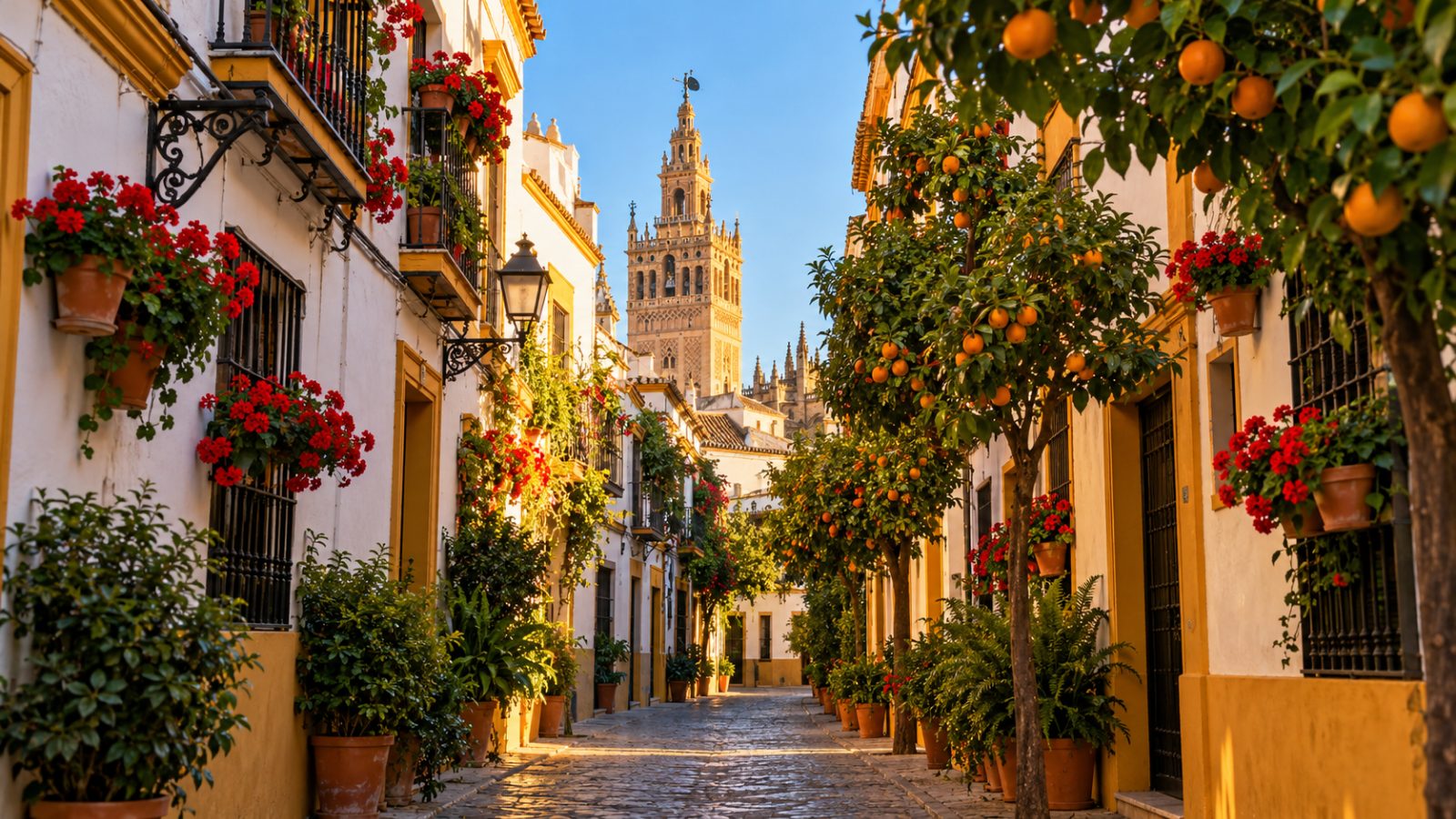 Un vicolo del Barrio de Santa Cruz a Siviglia con aranci e gerani, e la Giralda sullo sfondo