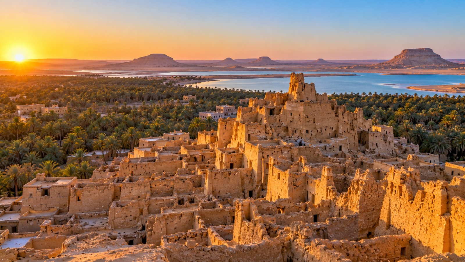 Le rovine in terra cruda della cittadella di Shali sopra il palmeto dell'oasi di Siwa, con un lago salato e le colline del deserto sullo sfondo nella luce del tramonto