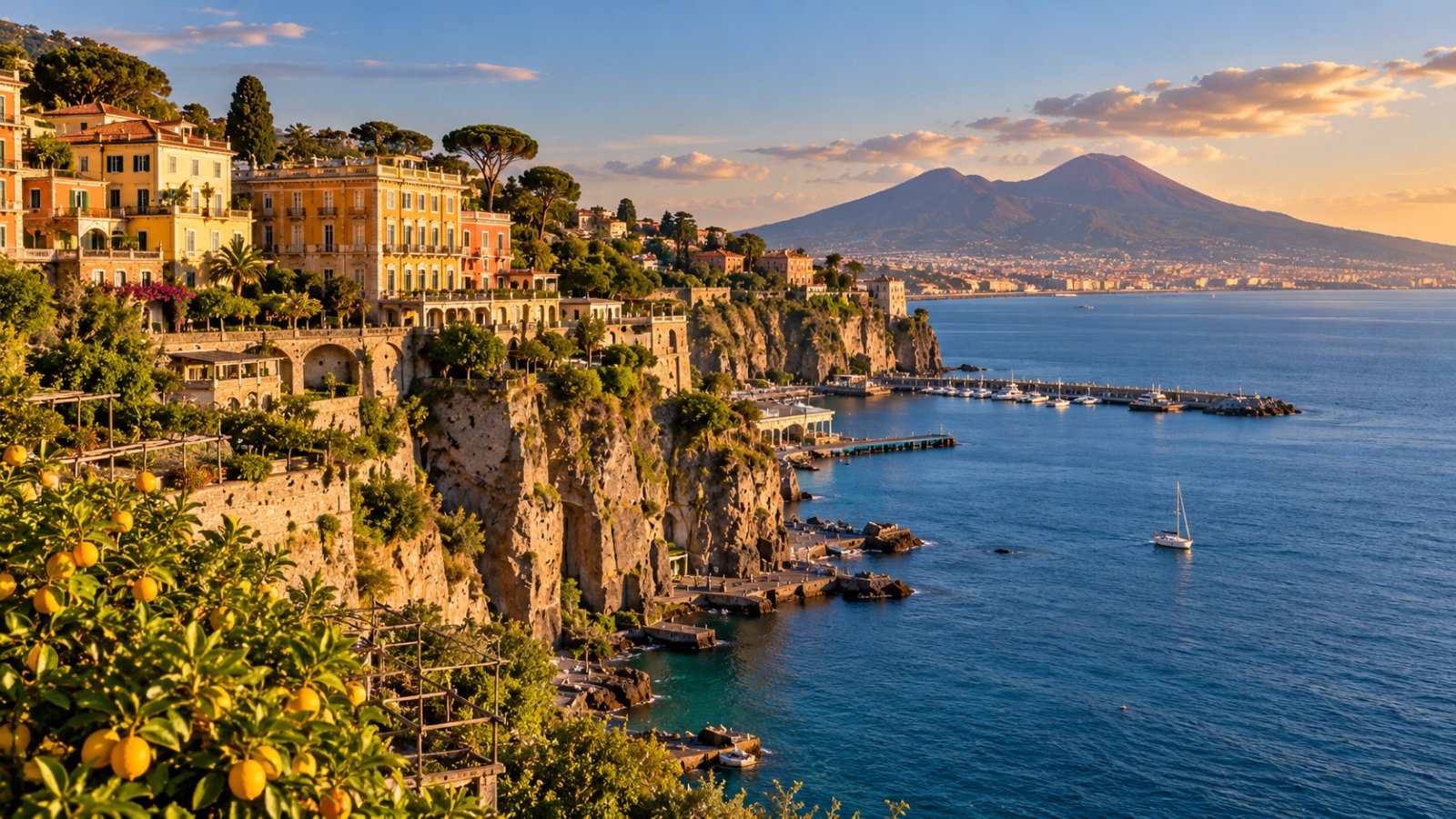 Sorrento sulla scogliera di tufo a picco sul mare, con le case colorate, gli agrumeti e il golfo di Napoli con il Vesuvio sullo sfondo