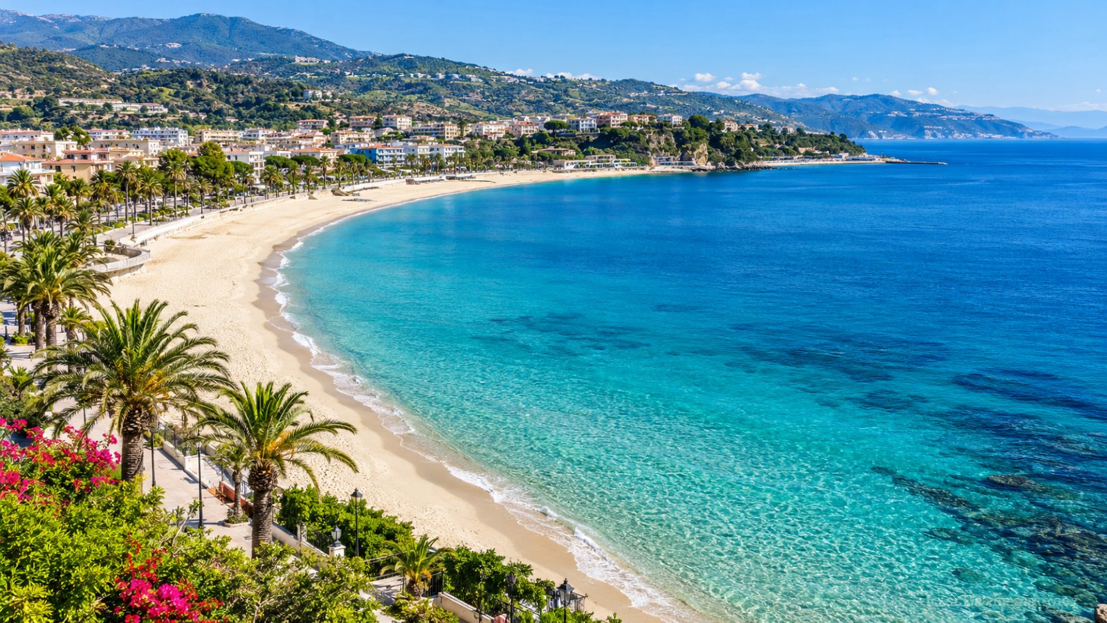 La baia di Soverato in una mattina d'estate, con la lunga spiaggia chiara, il mare turchese, il lungomare con le palme e le colline alle spalle