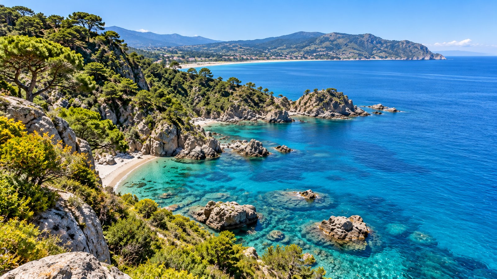 La costa di Copanello con scogli di granito chiaro, piccole calette e il mare ionico turchese, tra la macchia mediterranea