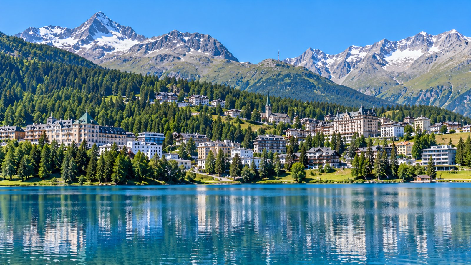 Il paese di St. Moritz sulle rive del suo lago, con le case sul pendio e le montagne dell'Engadina, in una giornata limpida d'estate