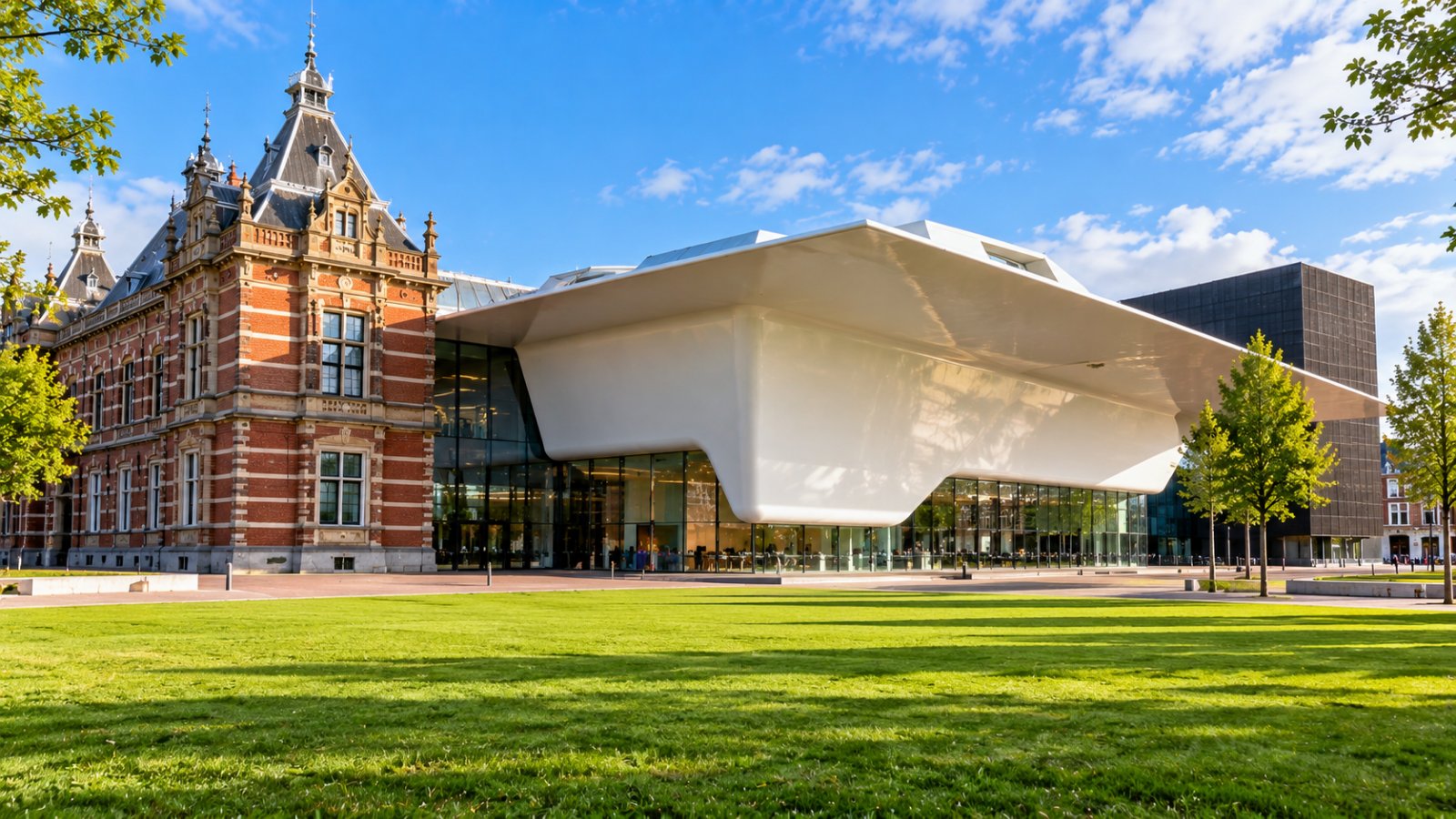 L'ampliamento bianco e liscio dello Stedelijk Museum accanto all'edificio storico in mattoni sul Museumplein di Amsterdam