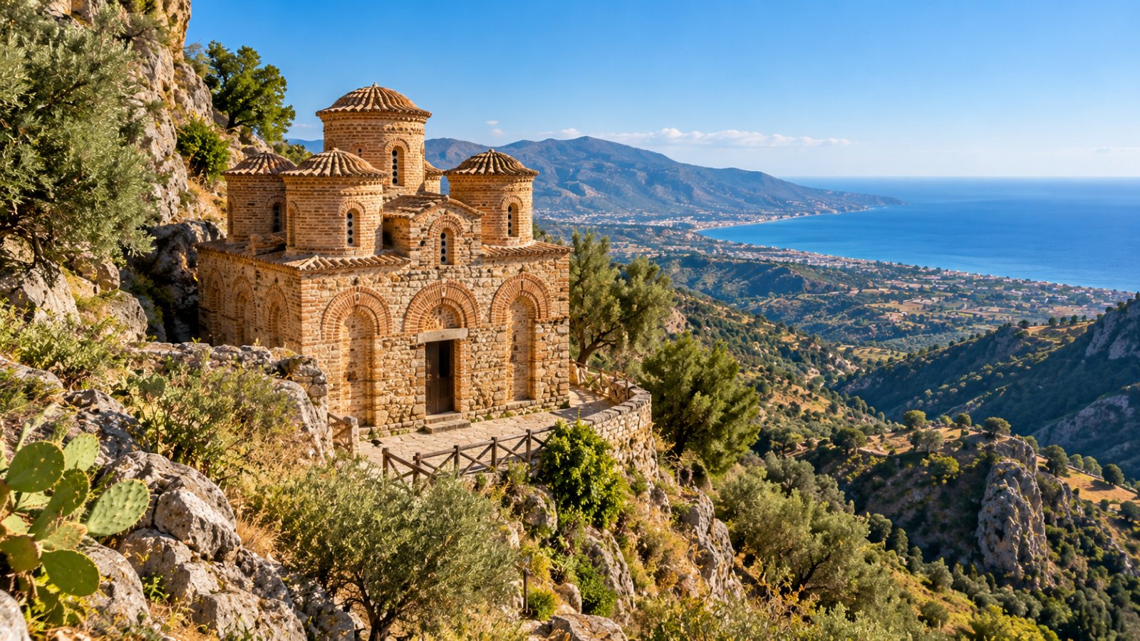 La Cattolica di Stilo, piccola chiesa bizantina in mattoni con le cupolette, sul fianco roccioso del Monte Consolino, con la valle e il mare sullo sfondo