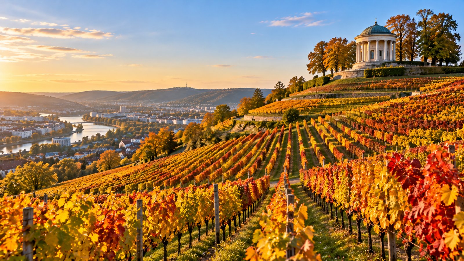 Colline coperte di vigneti autunnali sopra Stoccarda, con una piccola cappella neoclassica a cupola sulla cima e la città nella valle sullo sfondo