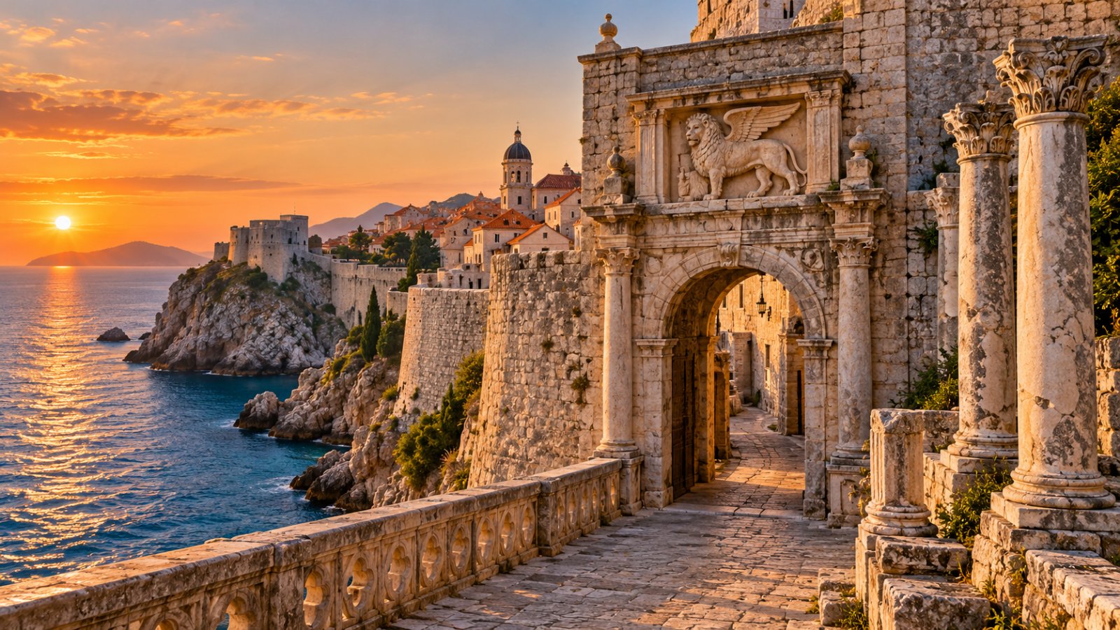 Antiche mura in pietra di una città fortificata della costa dalmata, con un leone di San Marco scolpito su una porta, sopra il mare al tramonto