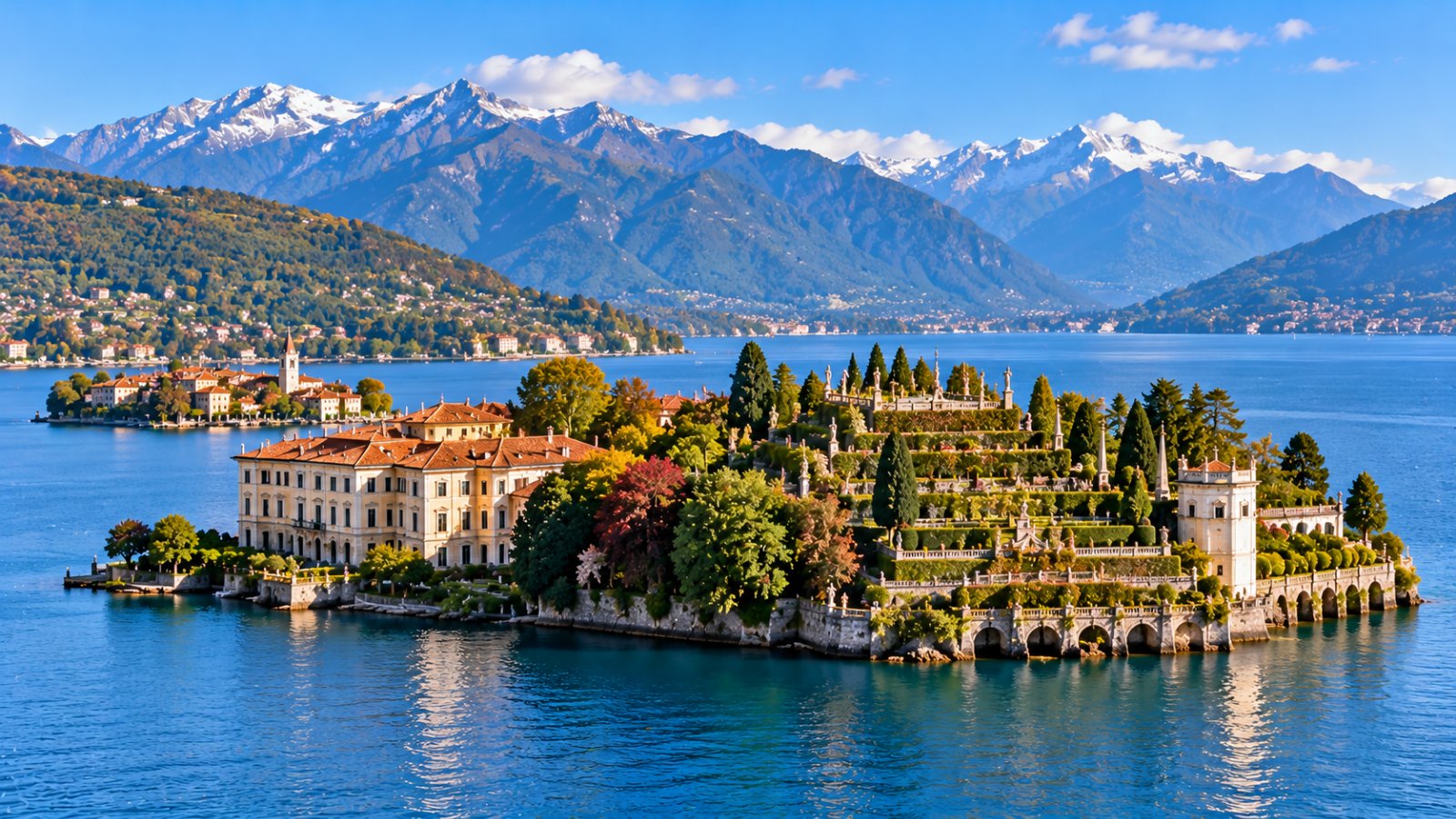 Un'isola con un palazzo barocco e giardini a terrazze sul lago, con un borgo e montagne sullo sfondo