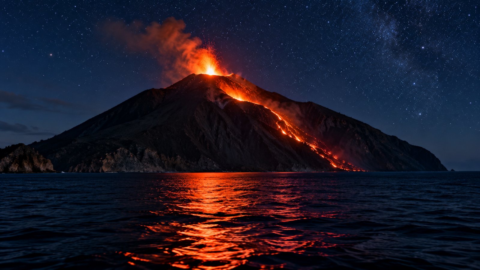 Stromboli di notte vista dal mare, con un'esplosione di lava sulla cima del vulcano e i bagliori lungo la Sciara del Fuoco
