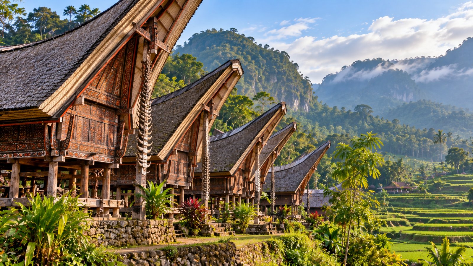 Una fila di case tradizionali tongkonan di Tana Toraja, con i tetti curvi a forma di barca, tra risaie a terrazza e colline verdi nella luce del mattino