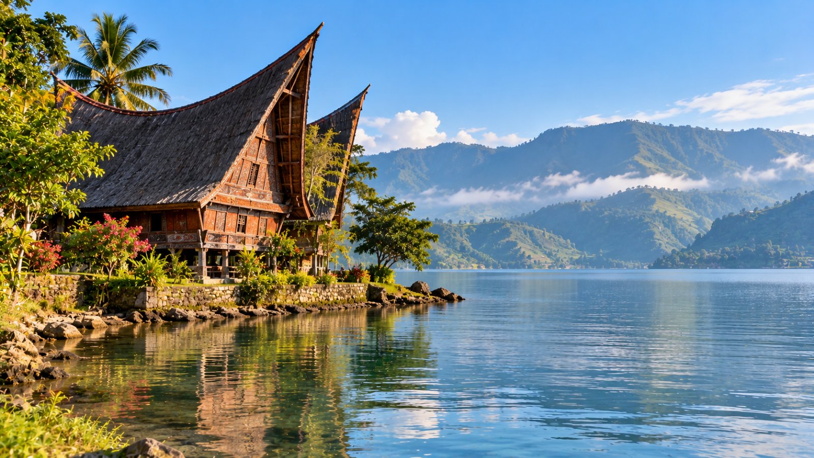 Una casa tradizionale batak con il tetto a sella sulla riva dell'isola di Samosir, affacciata sul lago Toba circondato da colline verdi
