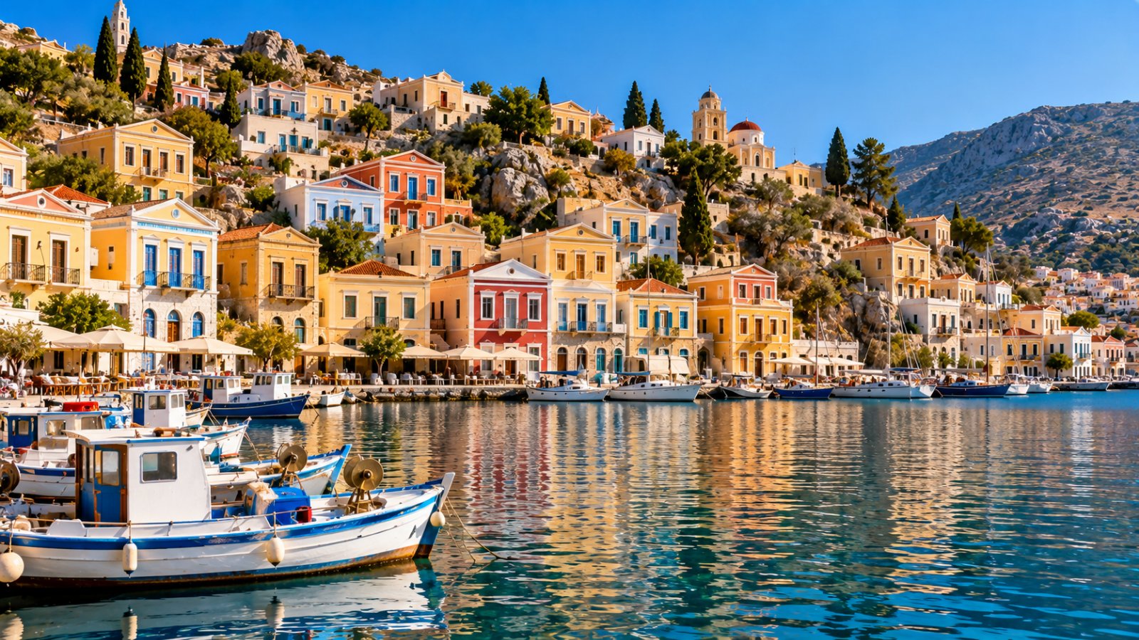 Il porto di Symi con le case neoclassiche color pastello che salgono sulla collina