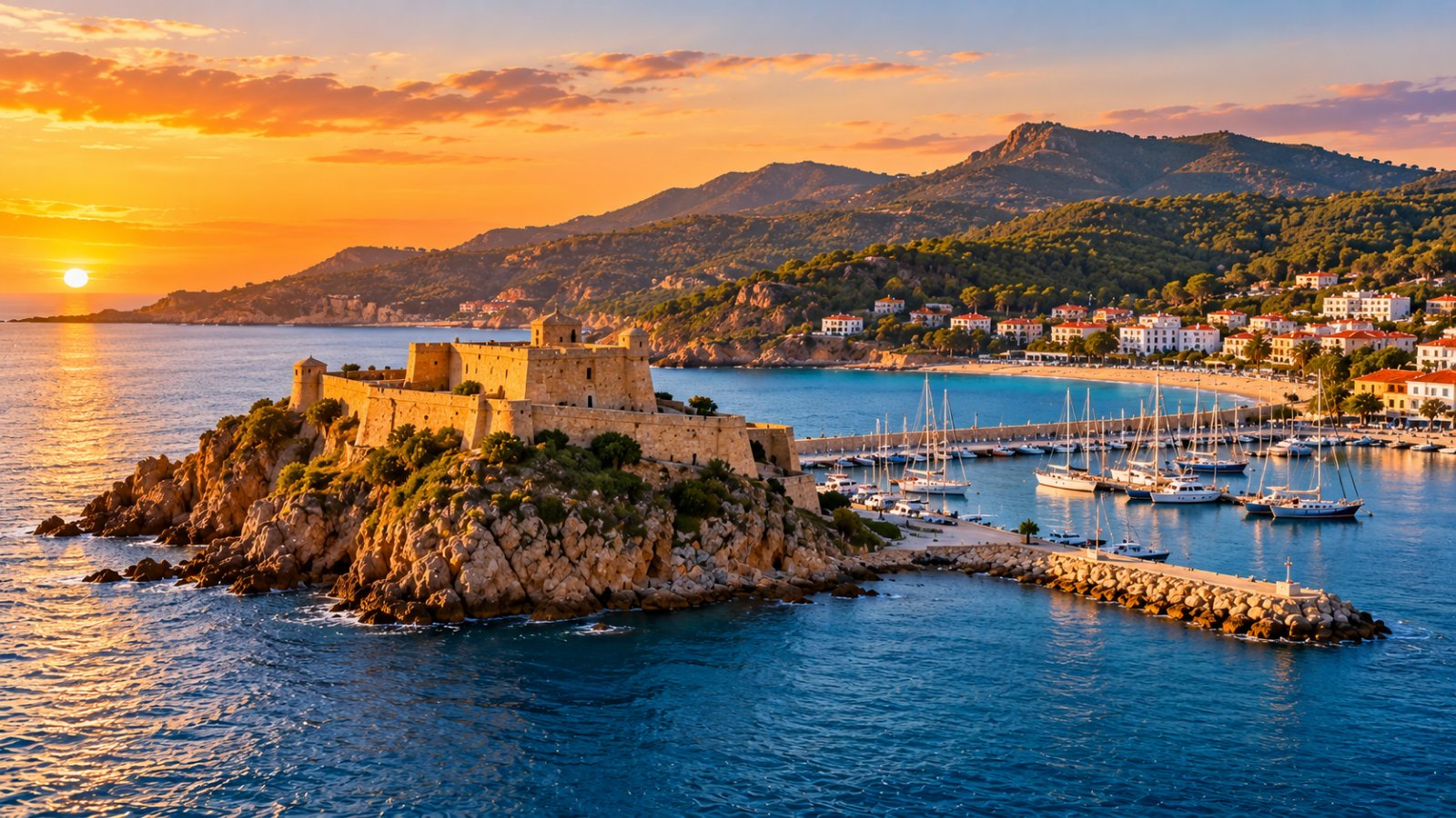 Il forte genovese di Tabarka sull'isolotto roccioso davanti alla baia, con il porto turistico, il mare blu e le colline boscose della Kroumirie alle spalle