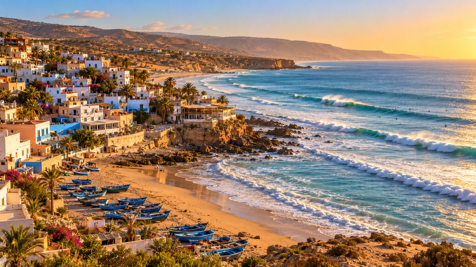 Il villaggio di Taghazout con le case bianche e colorate sulla collina sopra la baia, le barche dei pescatori sulla spiaggia e le onde lunghe dell'Atlantico