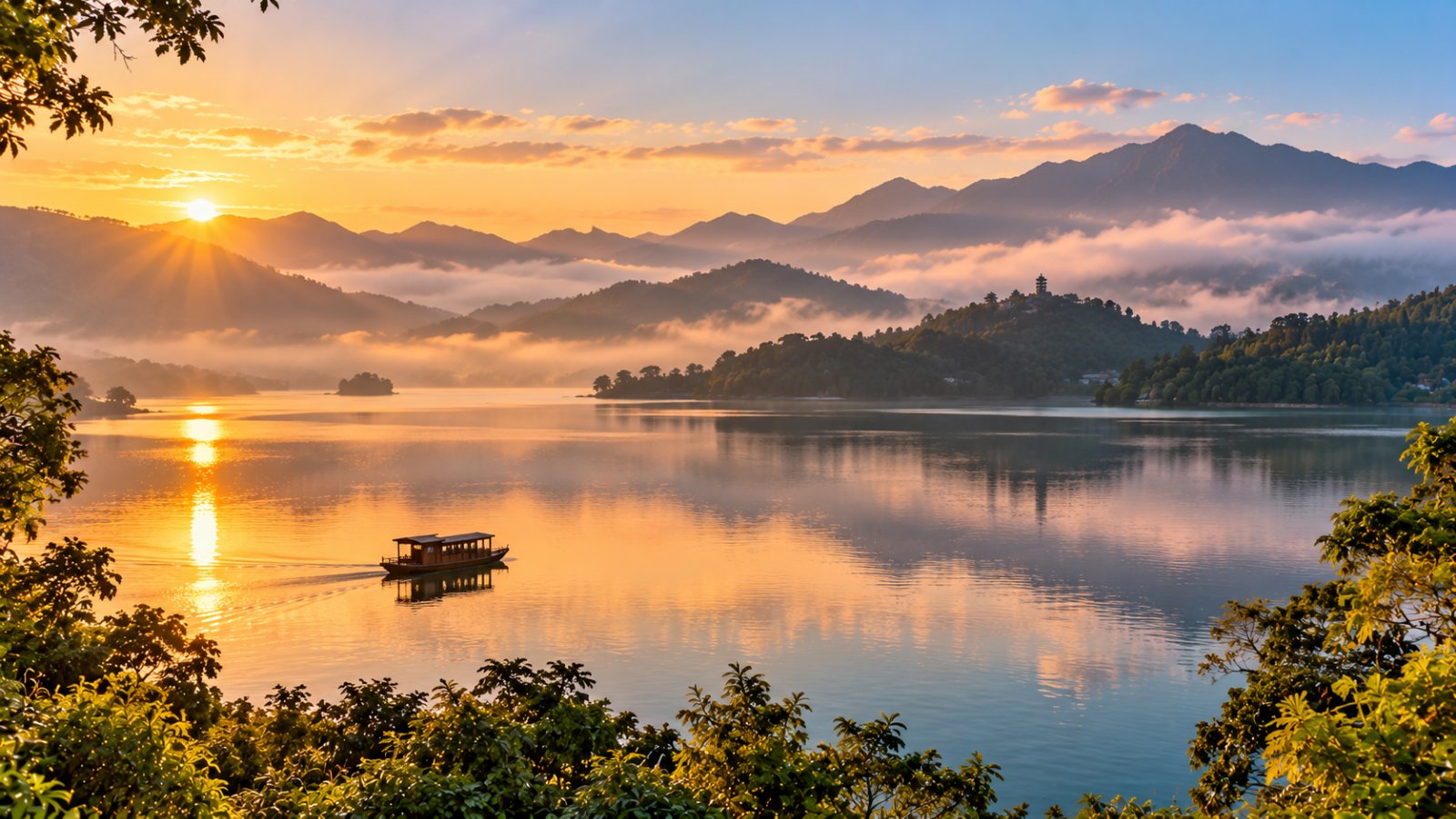 Il lago Sun Moon all'alba, con le colline boscose avvolte dalla foschia e una piccola barca di legno sull'acqua calma