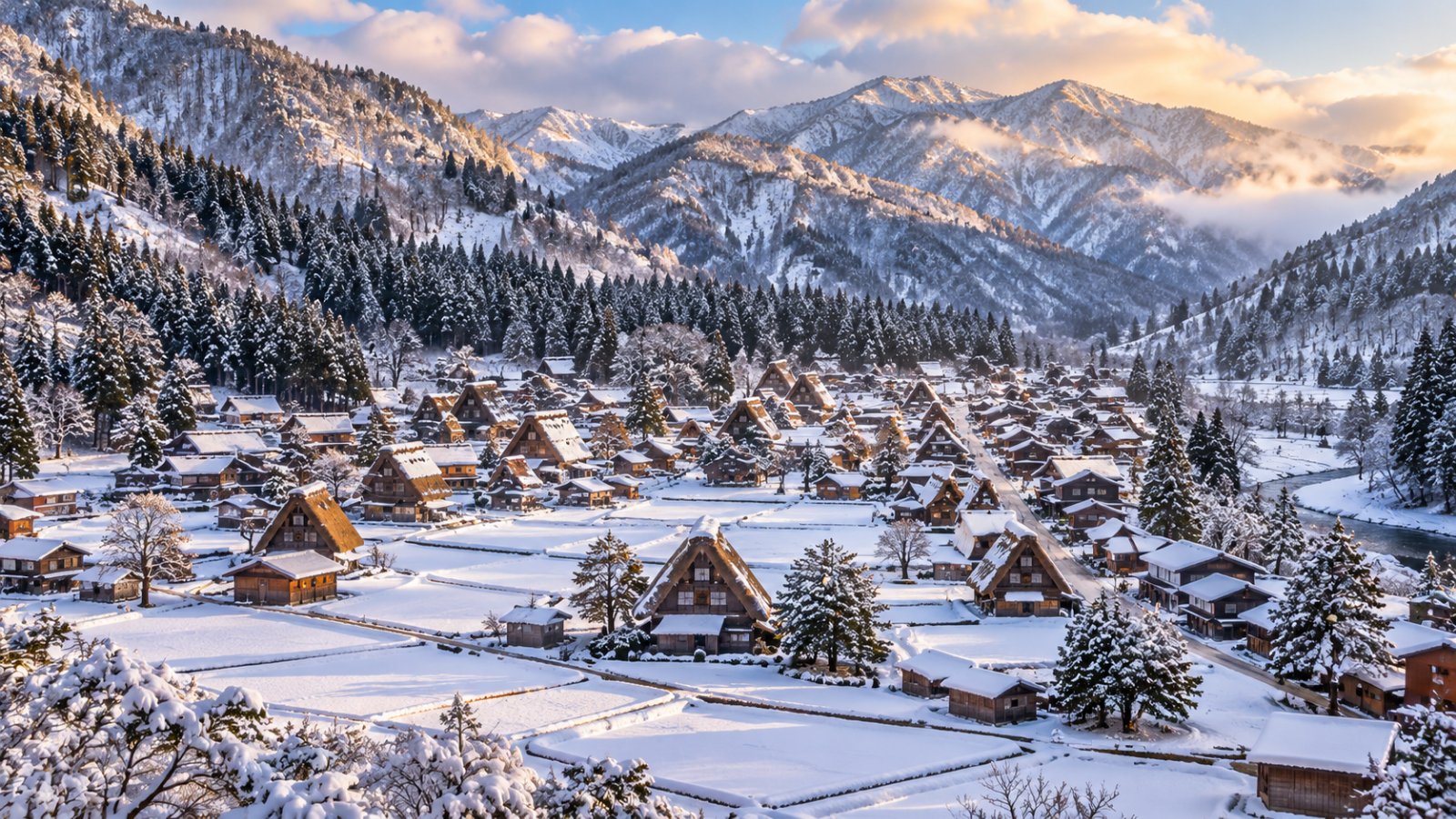 Le case dai ripidi tetti di paglia di Shirakawa-go viste dall'alto, coperte di neve tra le montagne