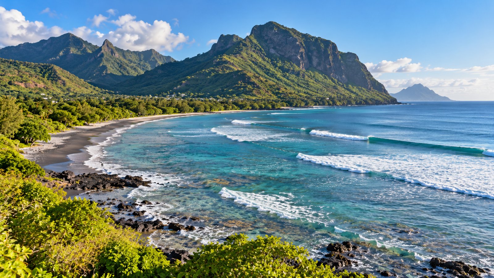 La baia di Tamarin al mattino, con le onde che entrano nella laguna e le montagne verdi della costa ovest di Mauritius sullo sfondo