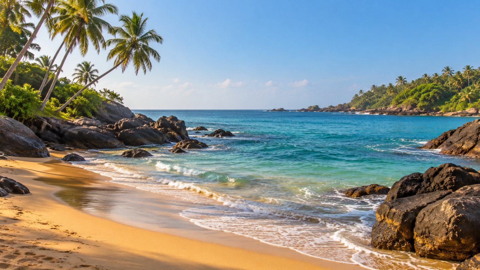 Una piccola baia di sabbia dorata a Tangalle, chiusa da scogli scuri e palme da cocco inclinate sul mare turchese